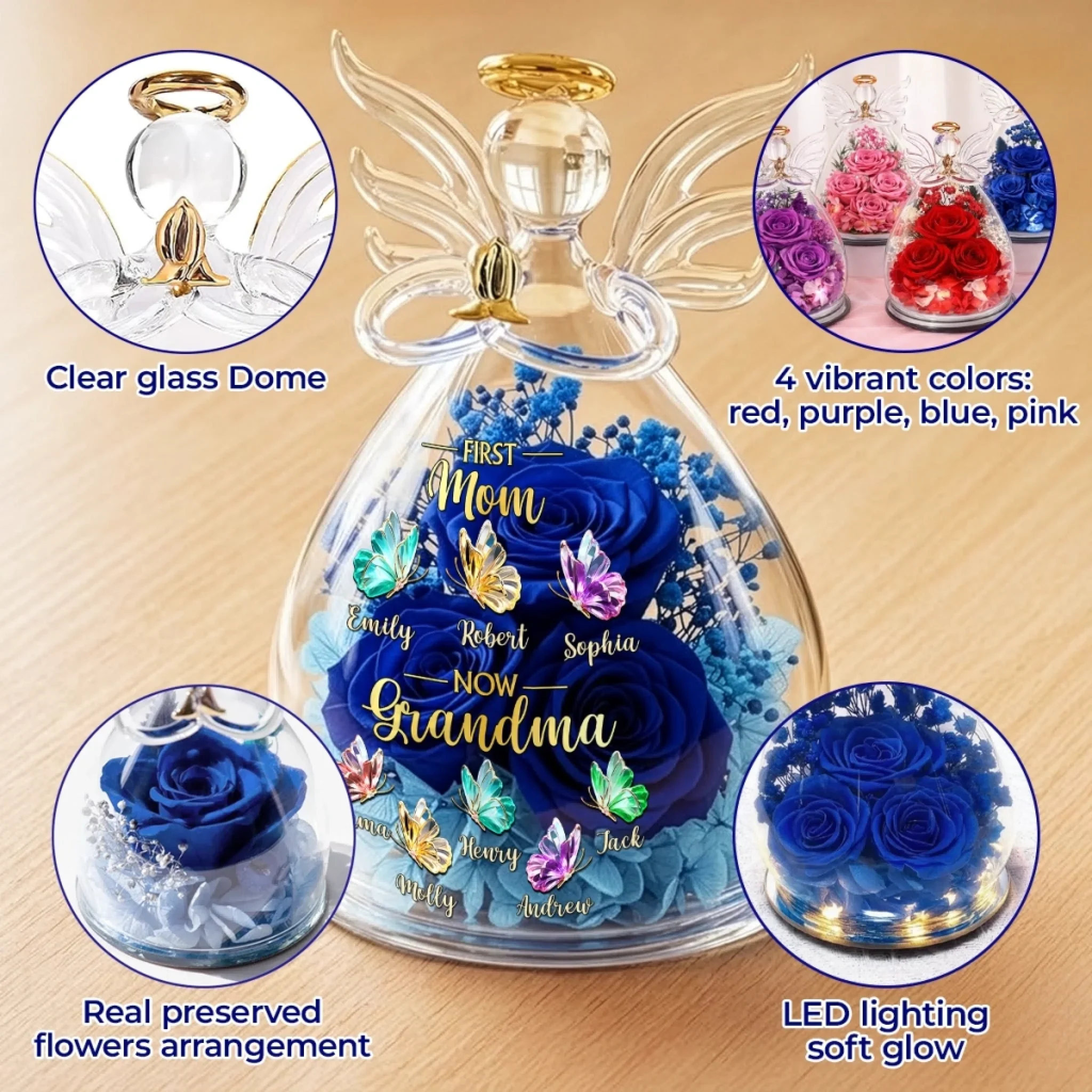 Custom Angel Glass Dome With Preserved Flowers - Personalized Mother's Day Birthday Gifts For Mom, Grandma - Mom Then, Grandma Now, Loved Forever - Image 3
