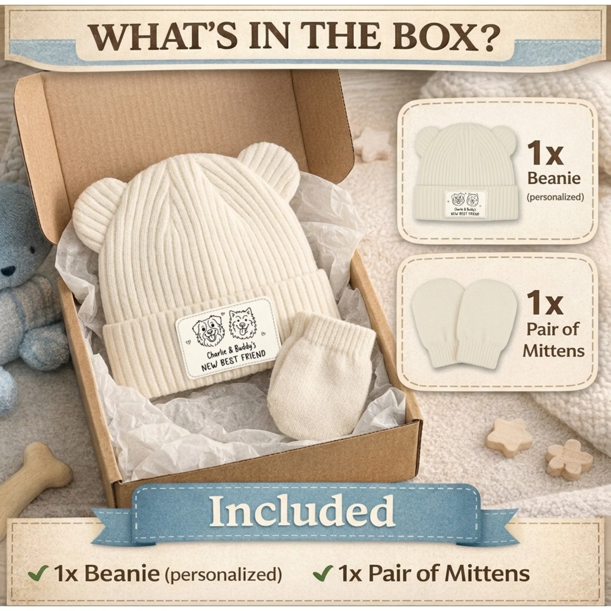 Custom Baby Beanie And Mittens Set - Personalized Baby Shower, Gender Reveal Gifts For New Moms, New Dads, New Parents, Dog Dad And Mom - A Tiny Spark Lights Our World - Image 8