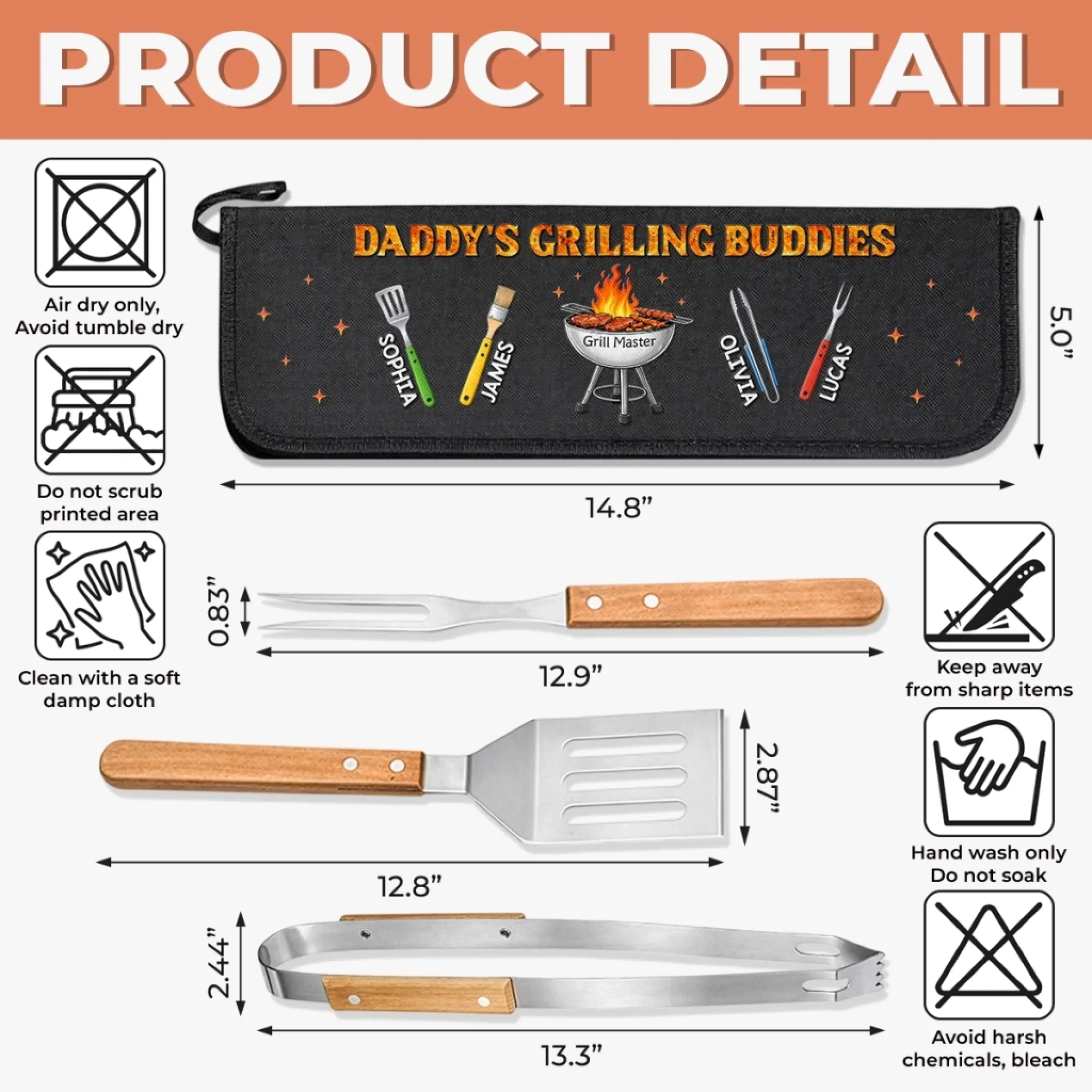 Custom BBQ Tool Set With Storage Bag - Personalized Father's Day Birthday Gifts For Dad, Grandpa - Daddy's Grilling Buddy - Image 6