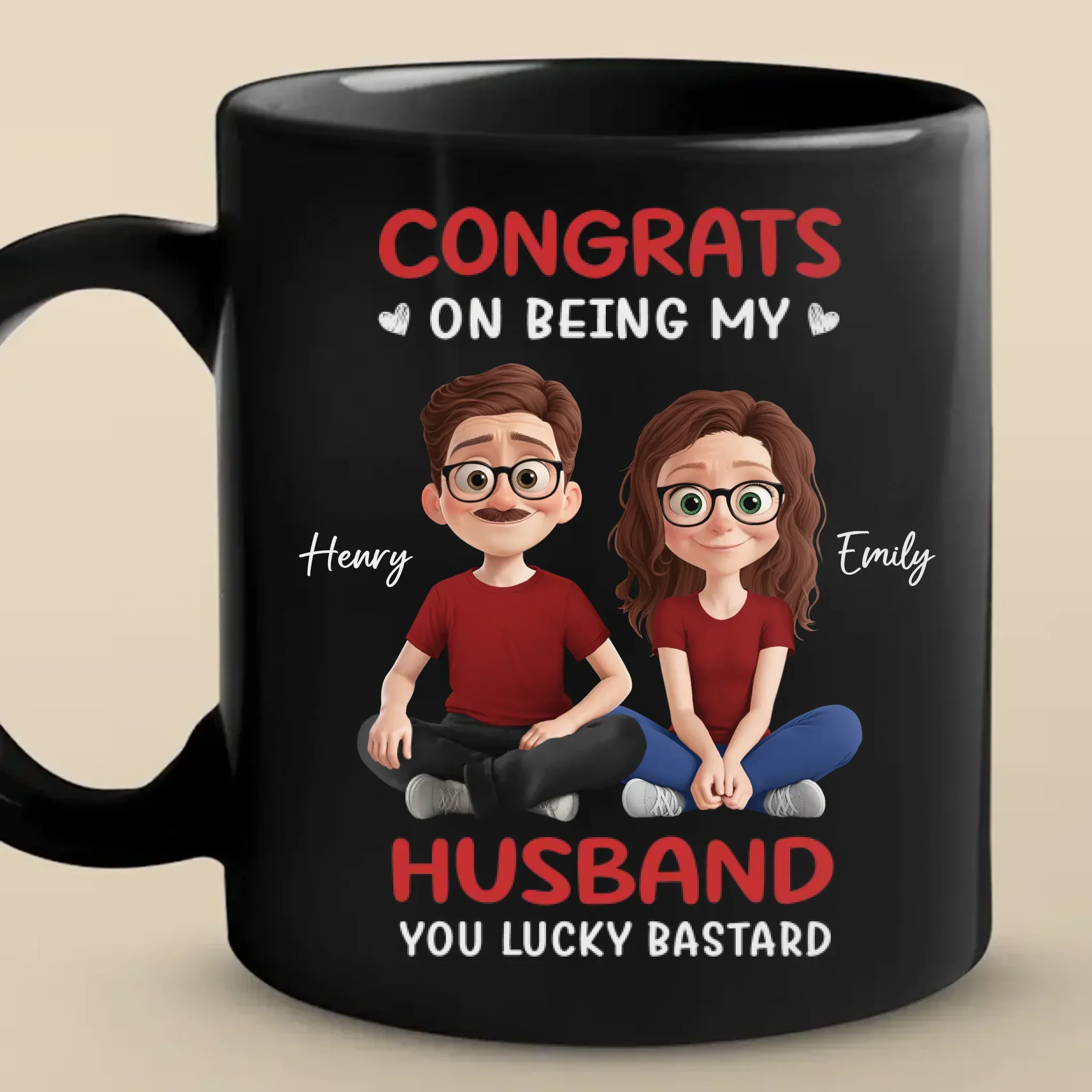 Custom Black Mug - Personalized Anniversary Wedding Gifts For Husband And Wife, Him And Her - Two Hearts Moving Forward - Image 2