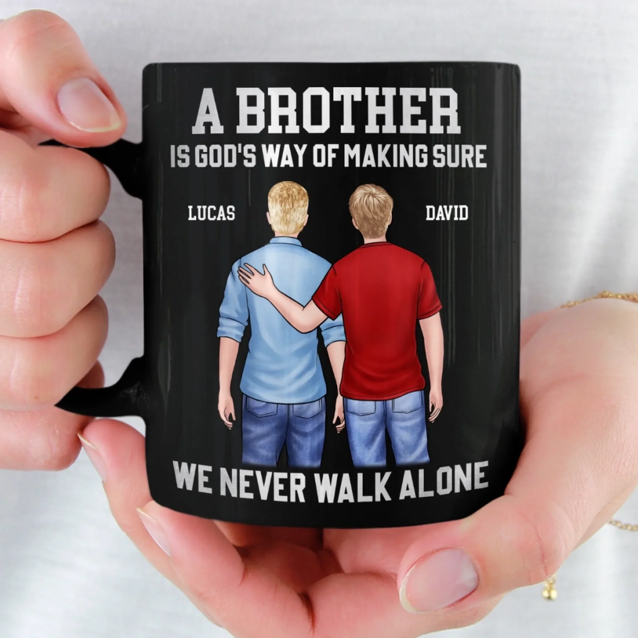 Custom Black Mug - Personalized Birthday Gifts For Brother - Brothers Never Walk Alone - Image 3