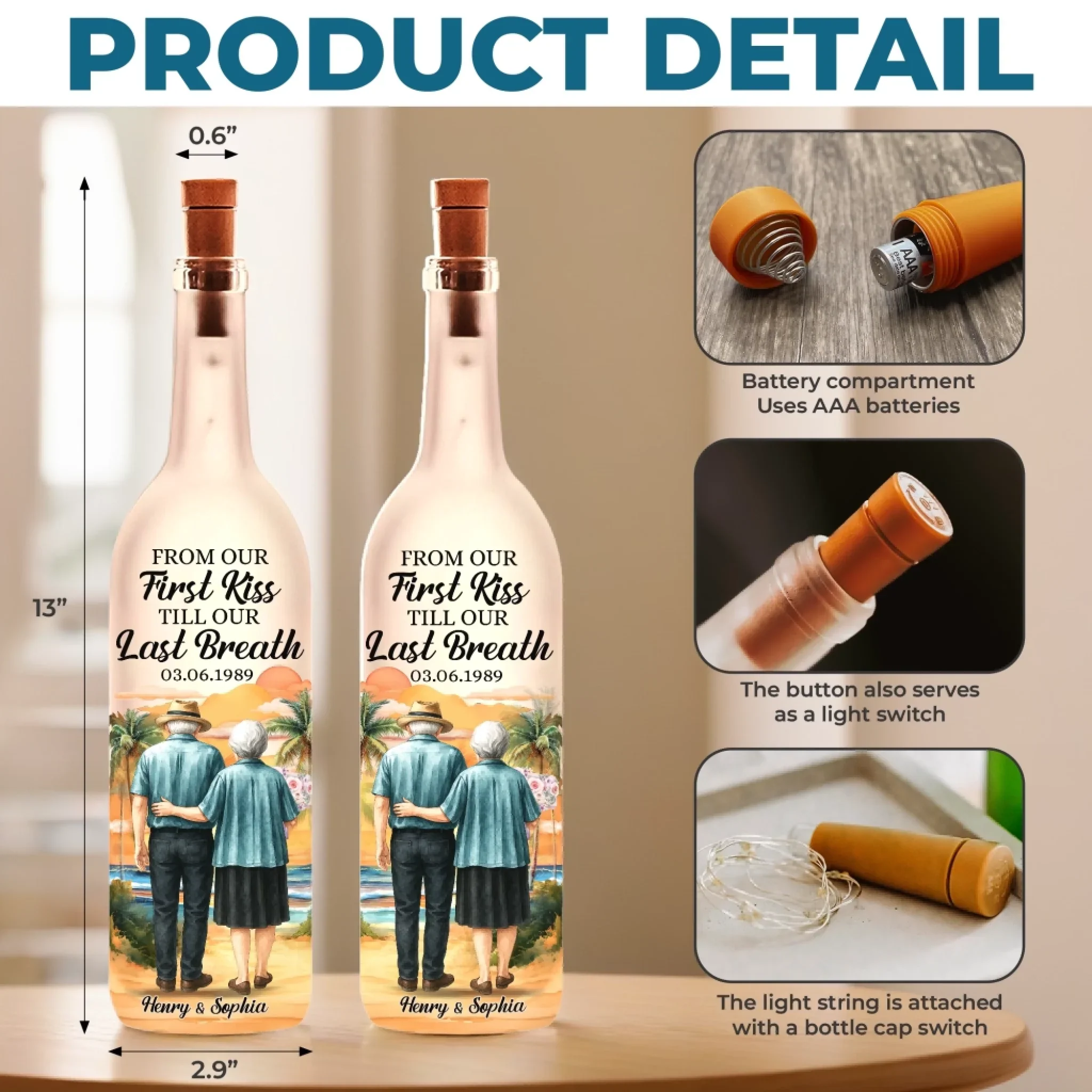 Custom Bottle Lamp - Personalized Anniversary Wedding Gifts For Husband And Wife, Him And Her - Together From First Kiss To Always - Image 5