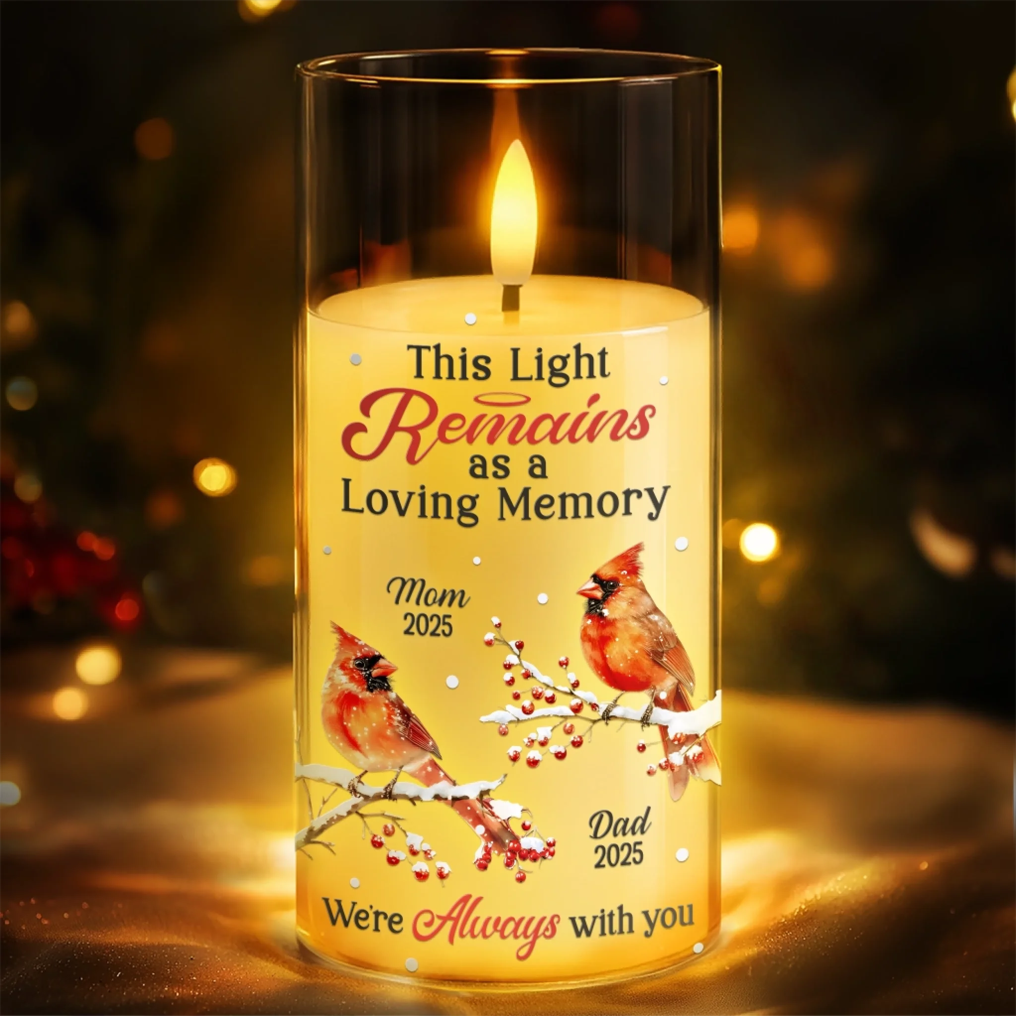 Custom Cardinal LED Candle Light - Personalized Christmas Memorial Sympathy Gifts For Loss Of Mom, Dad - Love Never Fades It Glows - Image 3