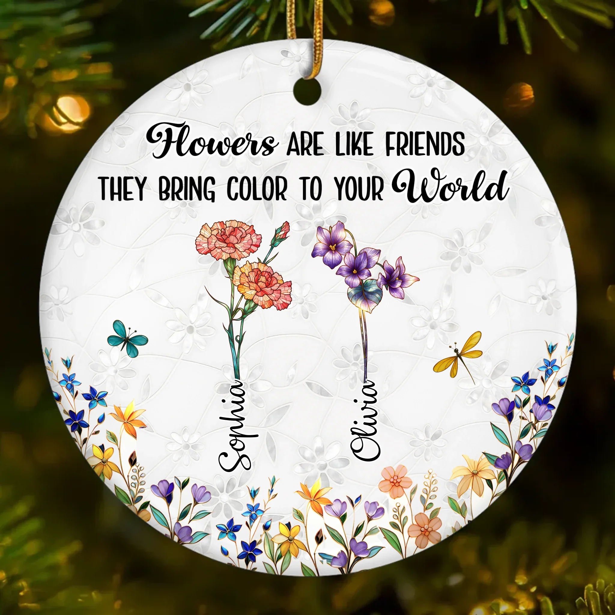 Custom Ceramic Ornament - Personalized Best Friend Christmas Birthday Gifts For Women, Besties, Sisters, BFF - Like Flowers, We Grow Stronger Side By Side - Image 2