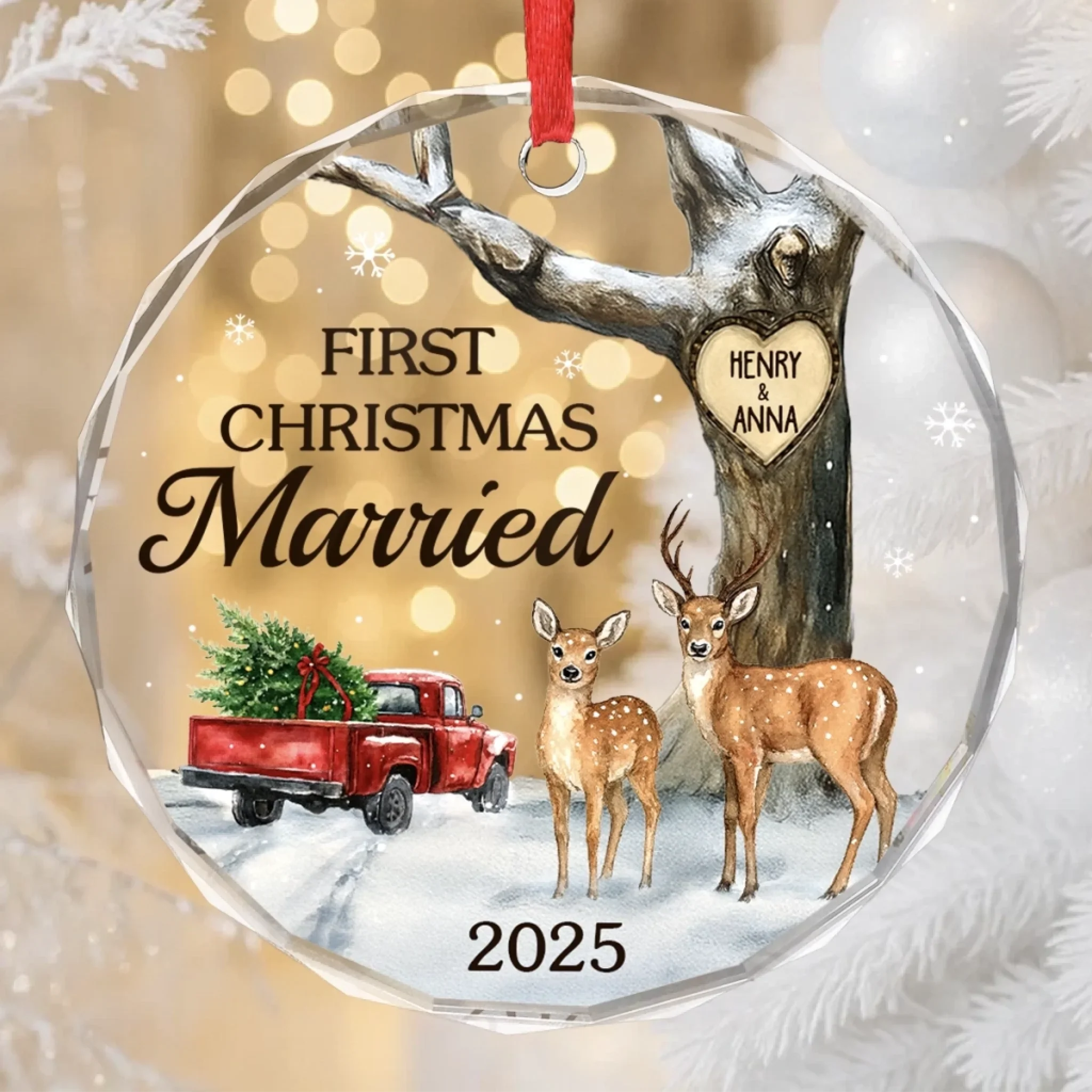 Custom Circle Glass Ornament - Personalized Anniversary Christmas Wedding Gifts For Husband And Wife, Him And Her - Our Forever Starts With Twinkling Lights - Image 4