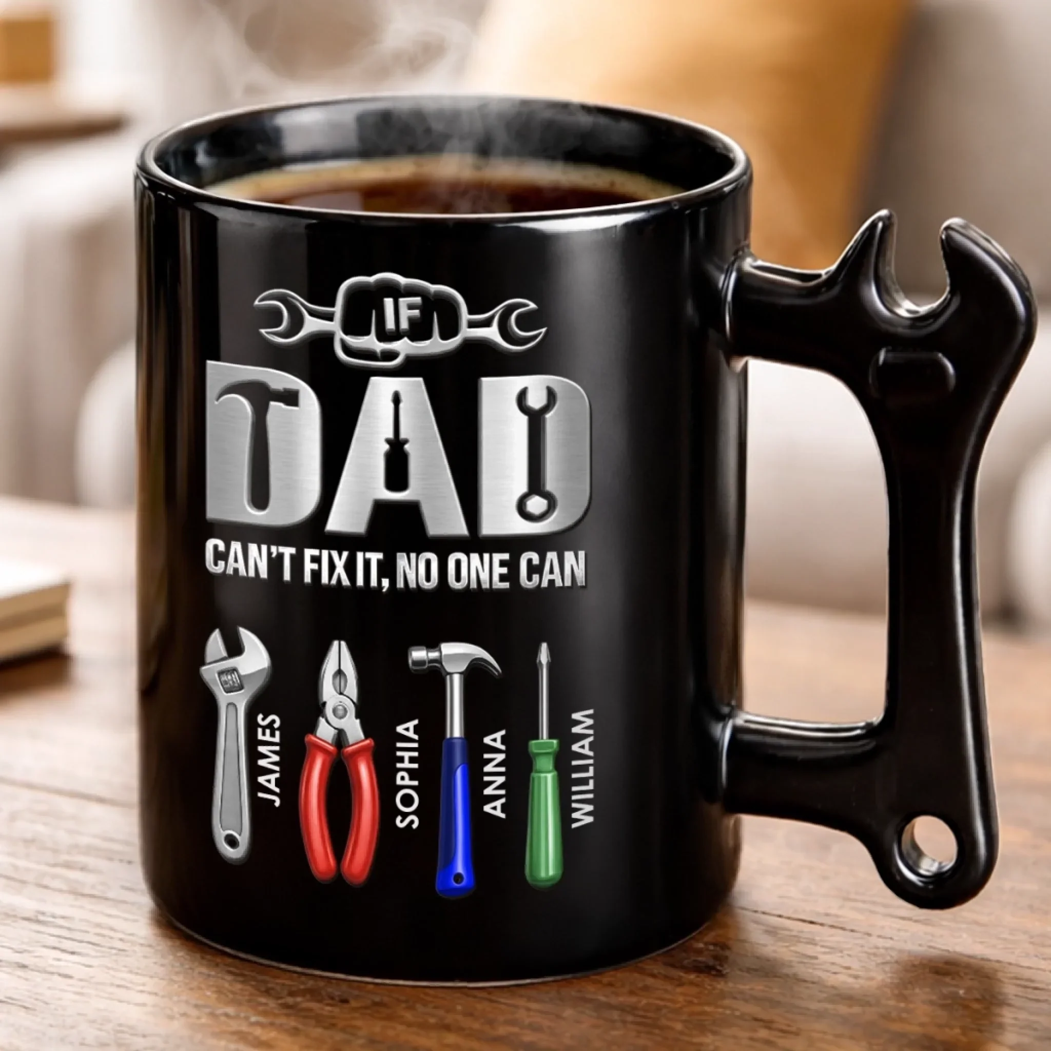 Custom Coffee Mug With Wrench Handle - Personalized Father's Day Birthday Gifts For Dad, Grandpa - Fixer Of All Things - Image 3