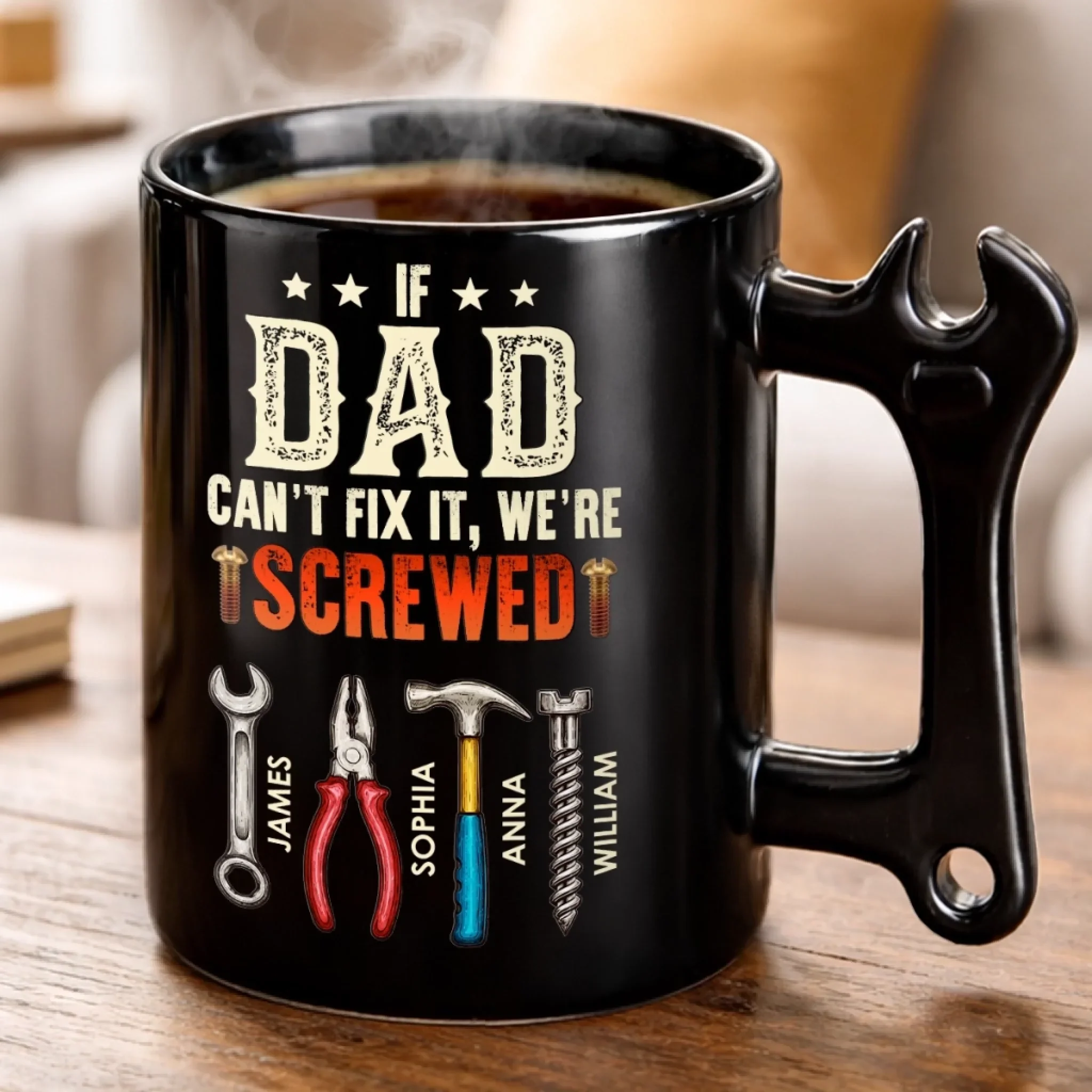 Custom Coffee Mug With Wrench Handle - Personalized Father's Day Birthday Gifts For Dad, Grandpa - Fixing Everything Like Dad - Image 3