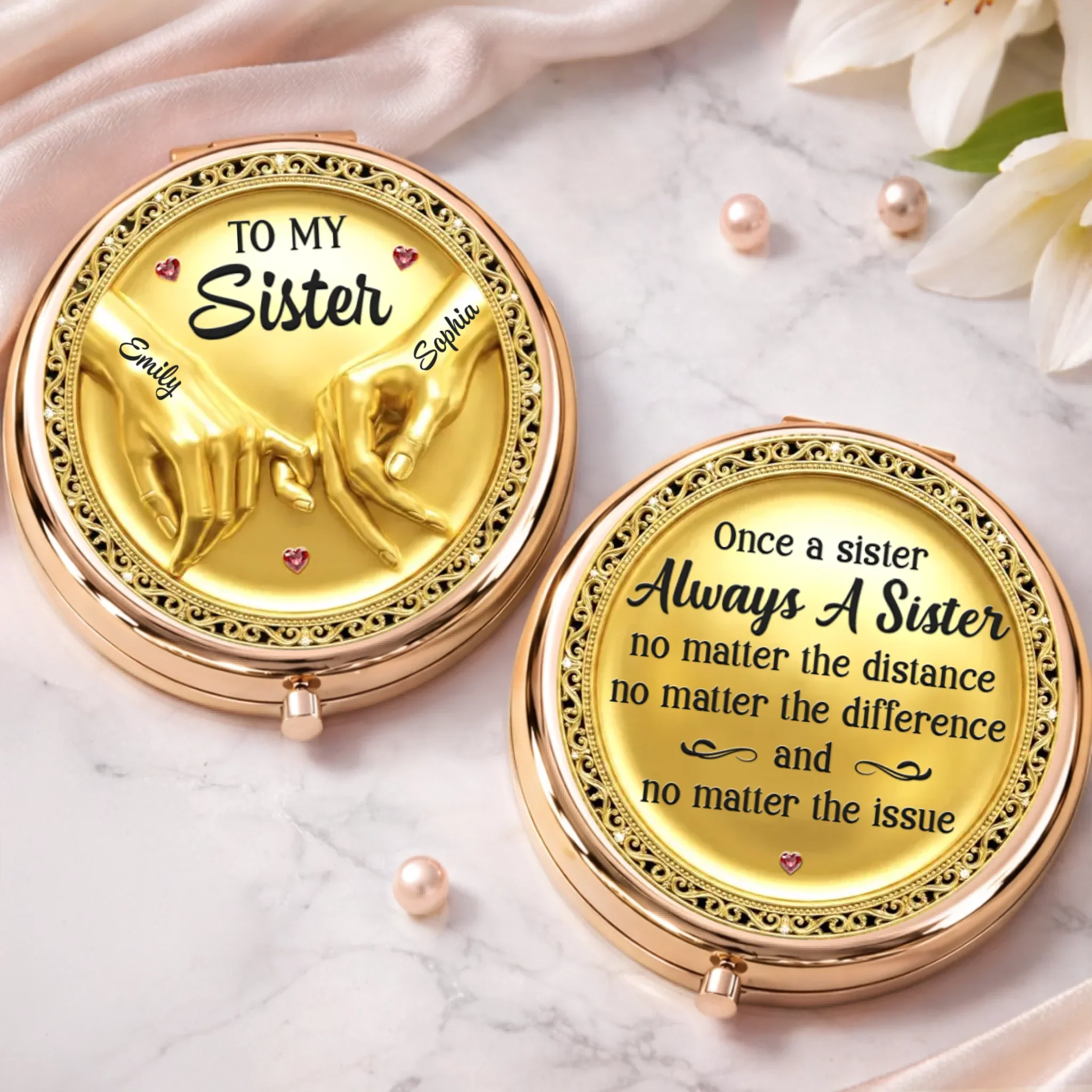 Custom Compact Mirror - Personalized Best Friend Birthday Gifts For Women, Besties, Sisters, BFF - Once A Sister, Always A Sister - Image 3