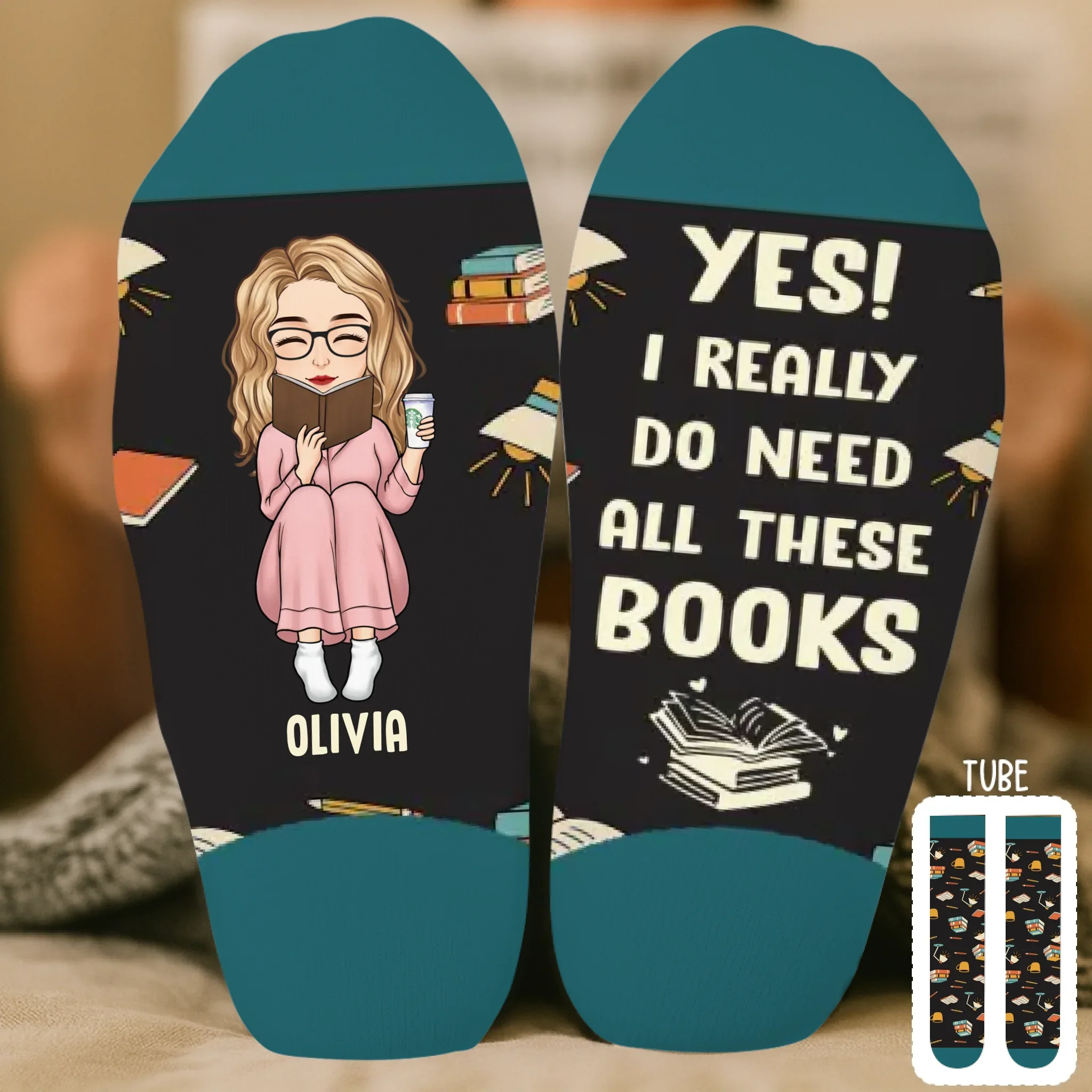 Custom Crew Socks - Personalized Bookish Gifts For Book Lovers, Bookworms, Readers - Tea, Books, Repeat - Image 2