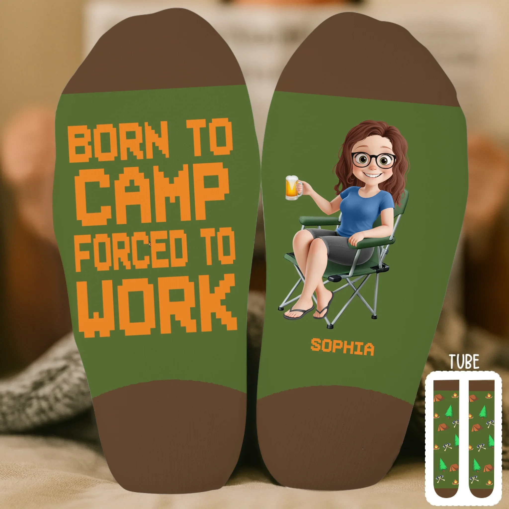 Custom Crew Socks - Personalized Camping Gifts For Campers - Born To Camp, Forced To Work - Image 2