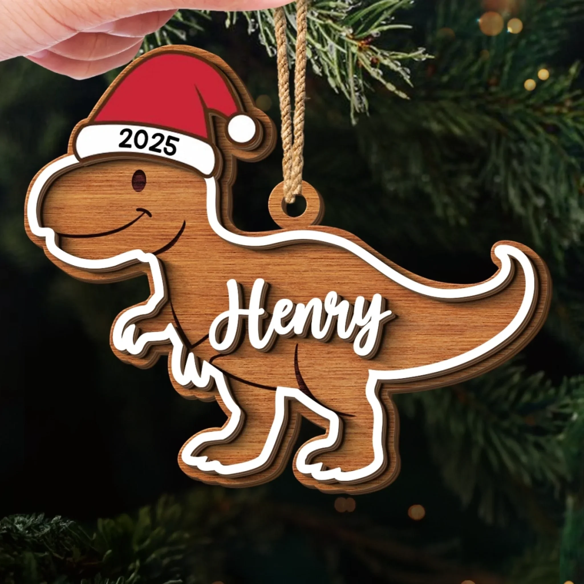 Custom Dinosaur Double Layer Wooden Ornament - Personalized Christmas Birthday Gifts For Mom, Dad, Brother, Sister, Kids - Dino Spreading Christmas Cheer - Image 5