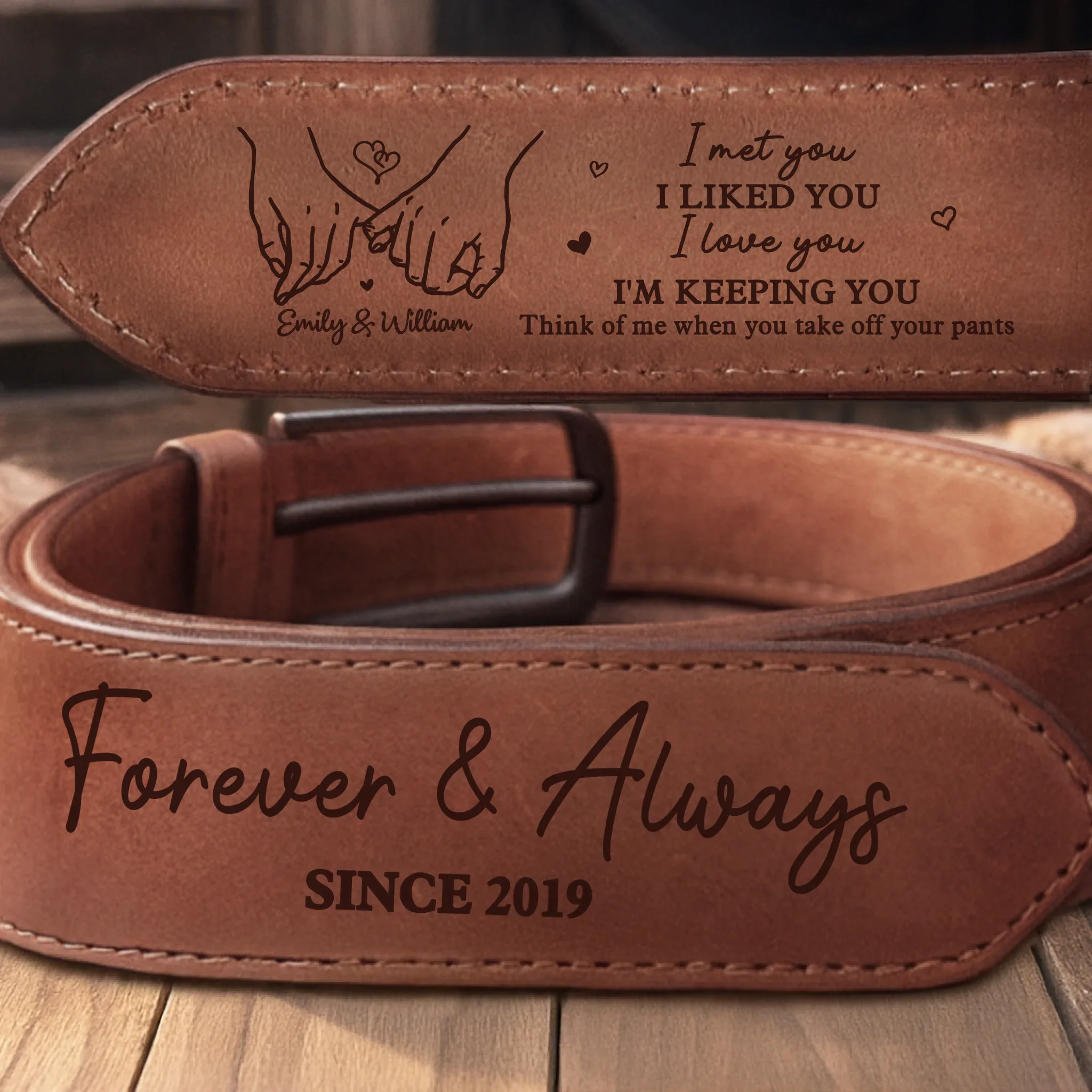Custom Double-Sided Engraved Leather Belt - Personalized Anniversary Wedding Gifts For Husband And Wife, Him And Her - Forever And Always - Image 2