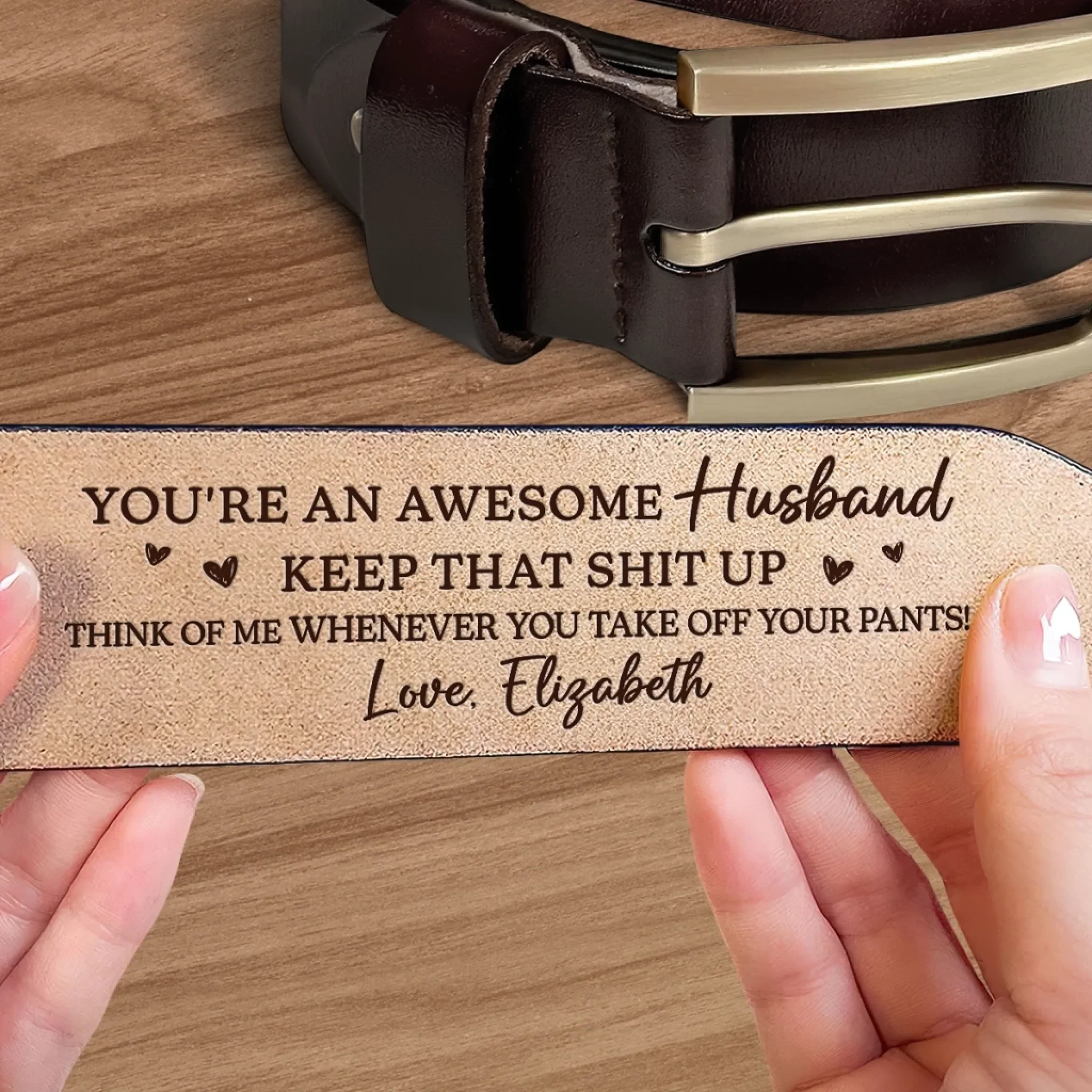 Custom Engraved Leather Belt - Personalized Anniversary Wedding Gifts For Husband And Wife, Him And Her - Two Hearts Growing Side By Side - Image 4