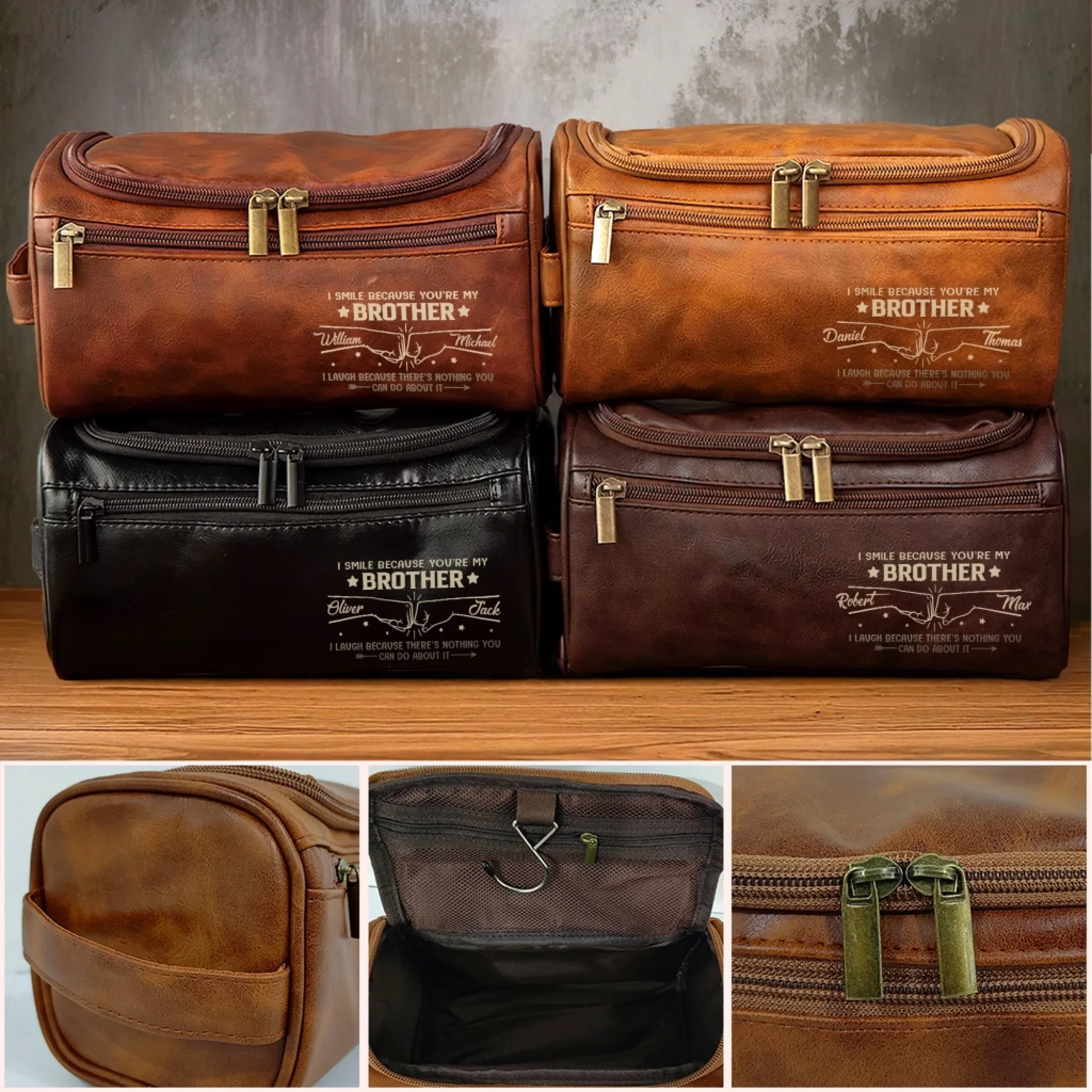 Custom Engraved Leather Toiletry Bag - Personalized Birthday Gifts For Brother - Always Got Your Back - Image 6