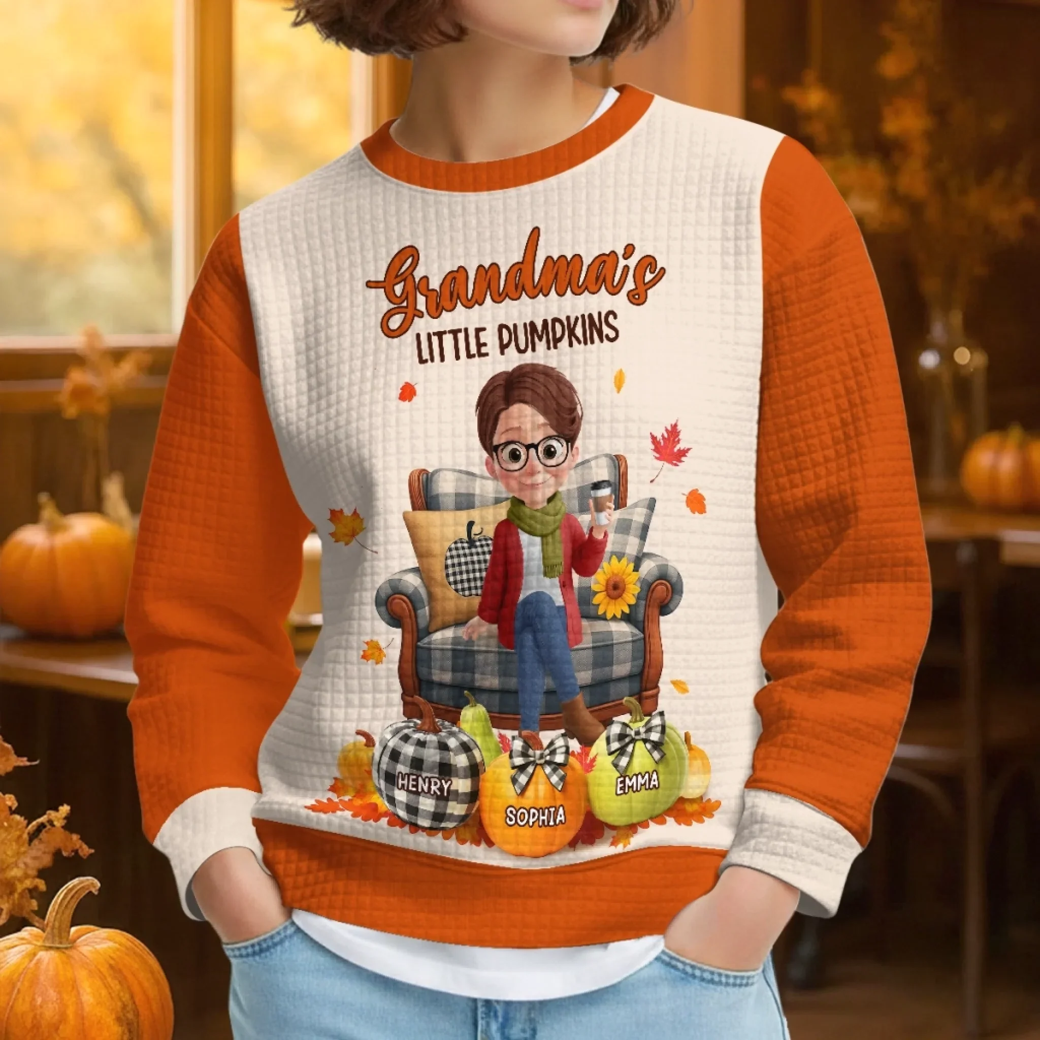 Custom Fall Autumn Waffle Sweatshirt - Personalized Birthday Gifts For Mom, Grandma - Warm Embraces Tell A Timeless Story - Image 3