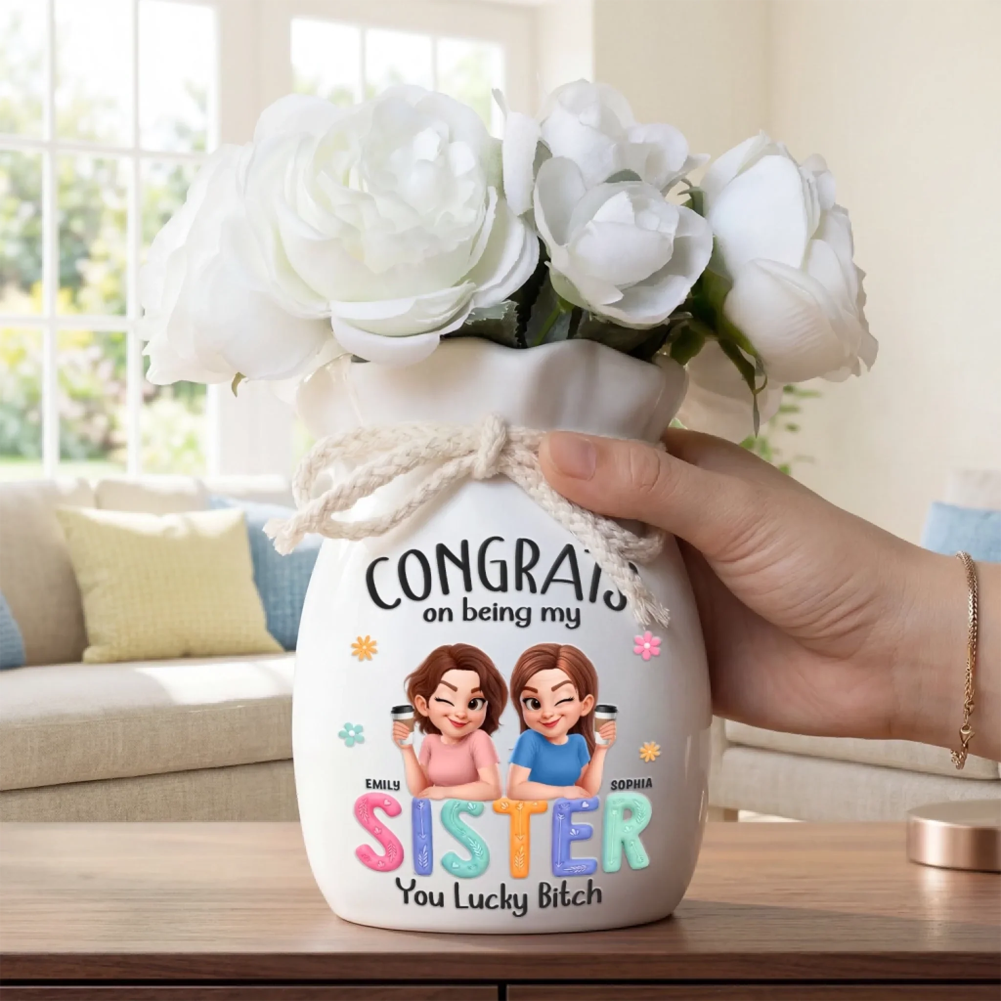 Custom Flower Vase With Ribbon - Personalized Best Friend Birthday Gifts For Women, Besties, Sisters, BFF - A Sister Bond With Extra Sass - Image 2