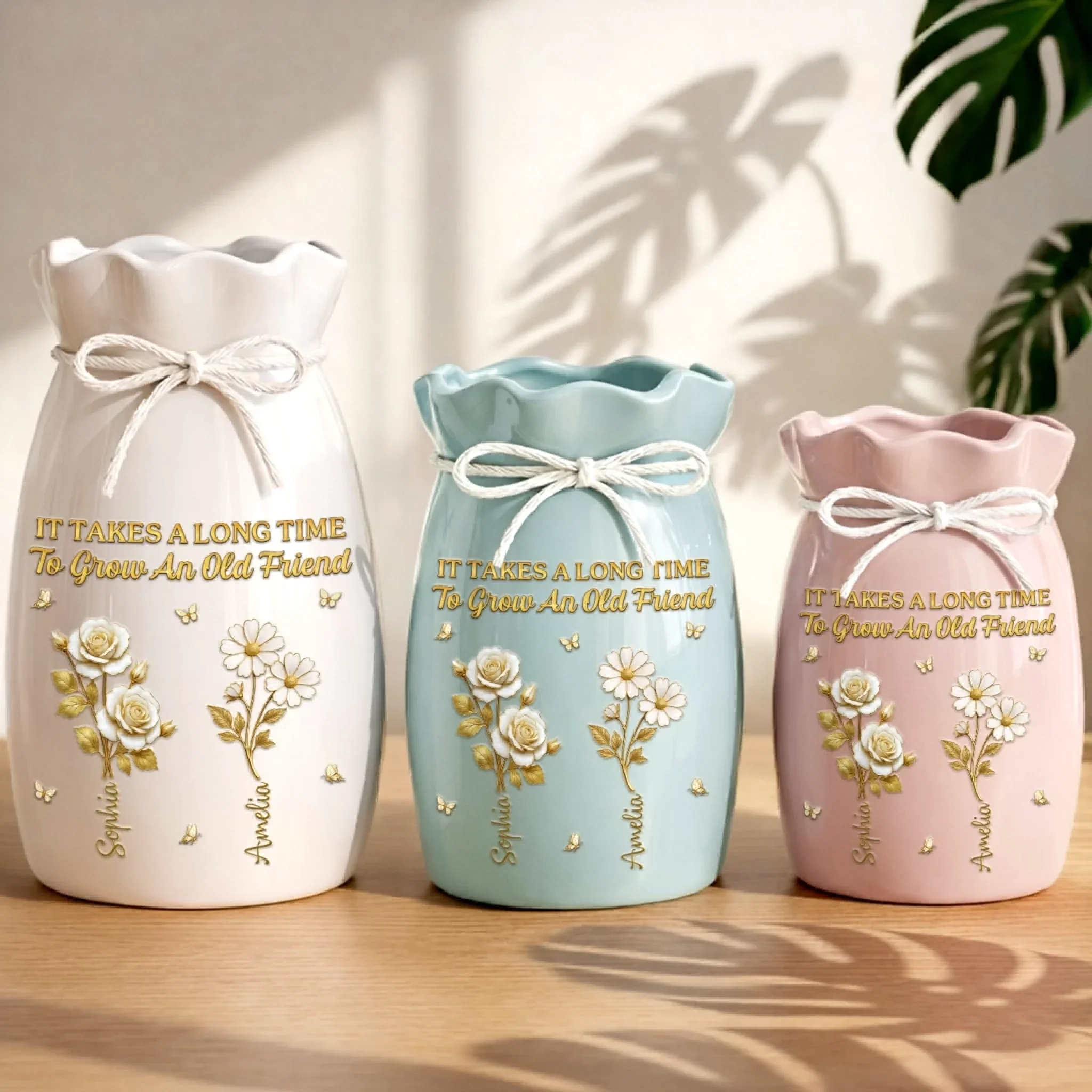 Custom Flower Vase With Ribbon - Personalized Best Friend Birthday Gifts For Women, Besties, Sisters, BFF - Growing Old, Staying Gold - Image 2