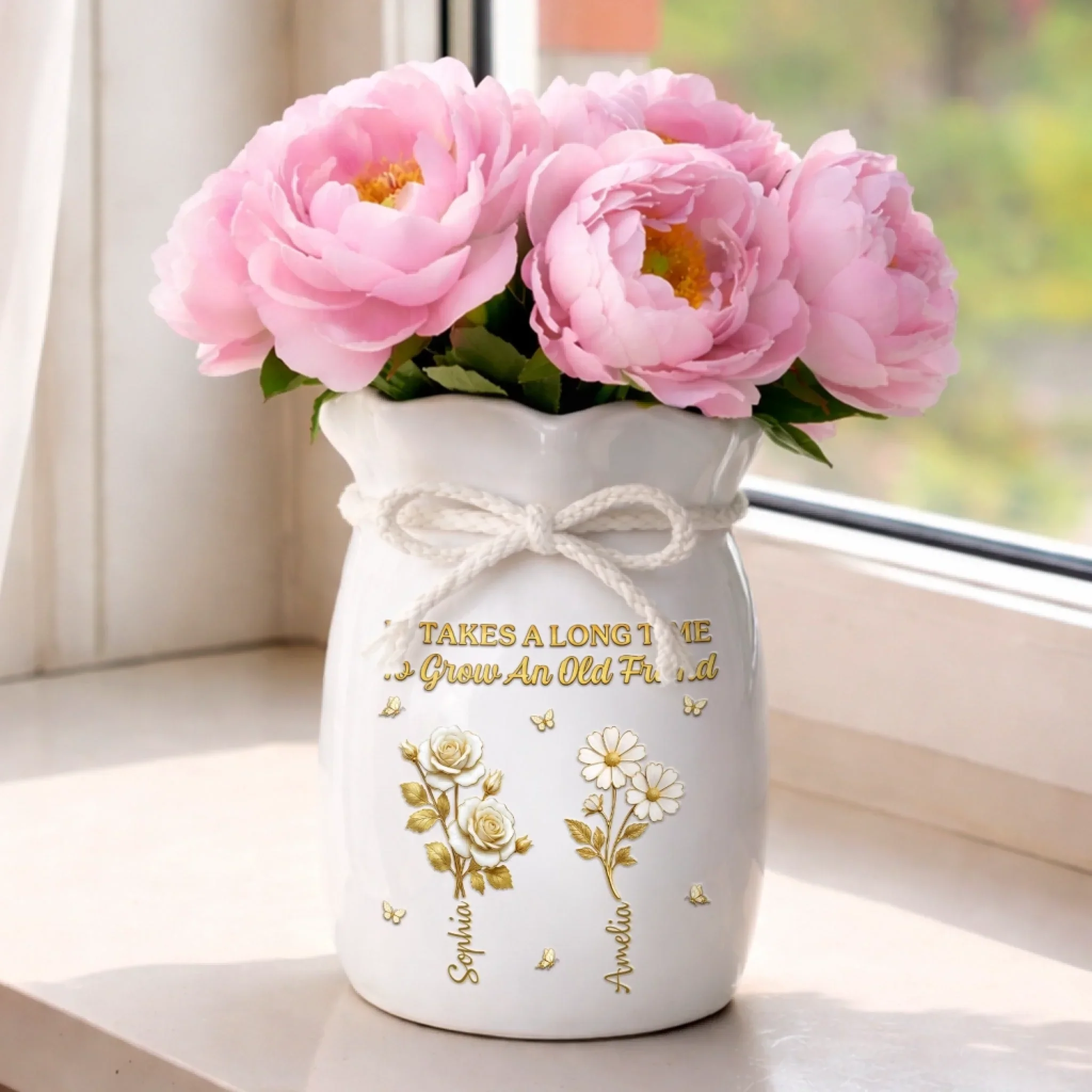 Custom Flower Vase With Ribbon - Personalized Best Friend Birthday Gifts For Women, Besties, Sisters, BFF - Growing Old, Staying Gold - Image 3