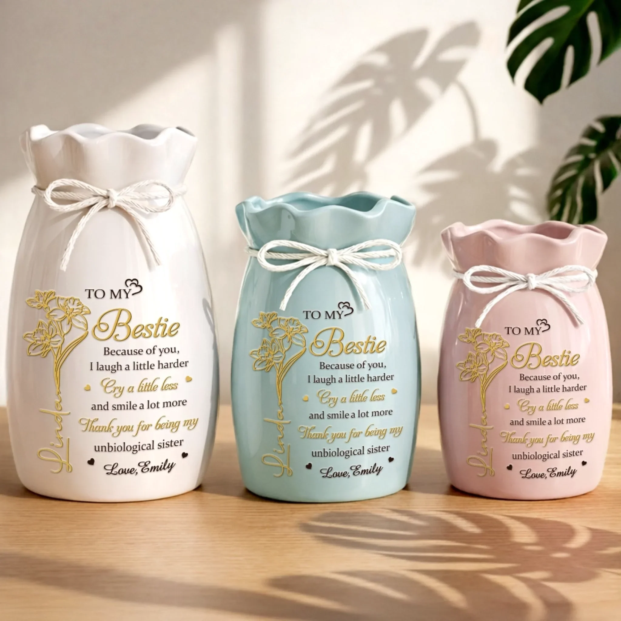 Custom Flower Vase With Ribbon - Personalized Best Friend Birthday Gifts For Women, Besties, Sisters, BFF - My Unbiological Sister Forever - Image 2