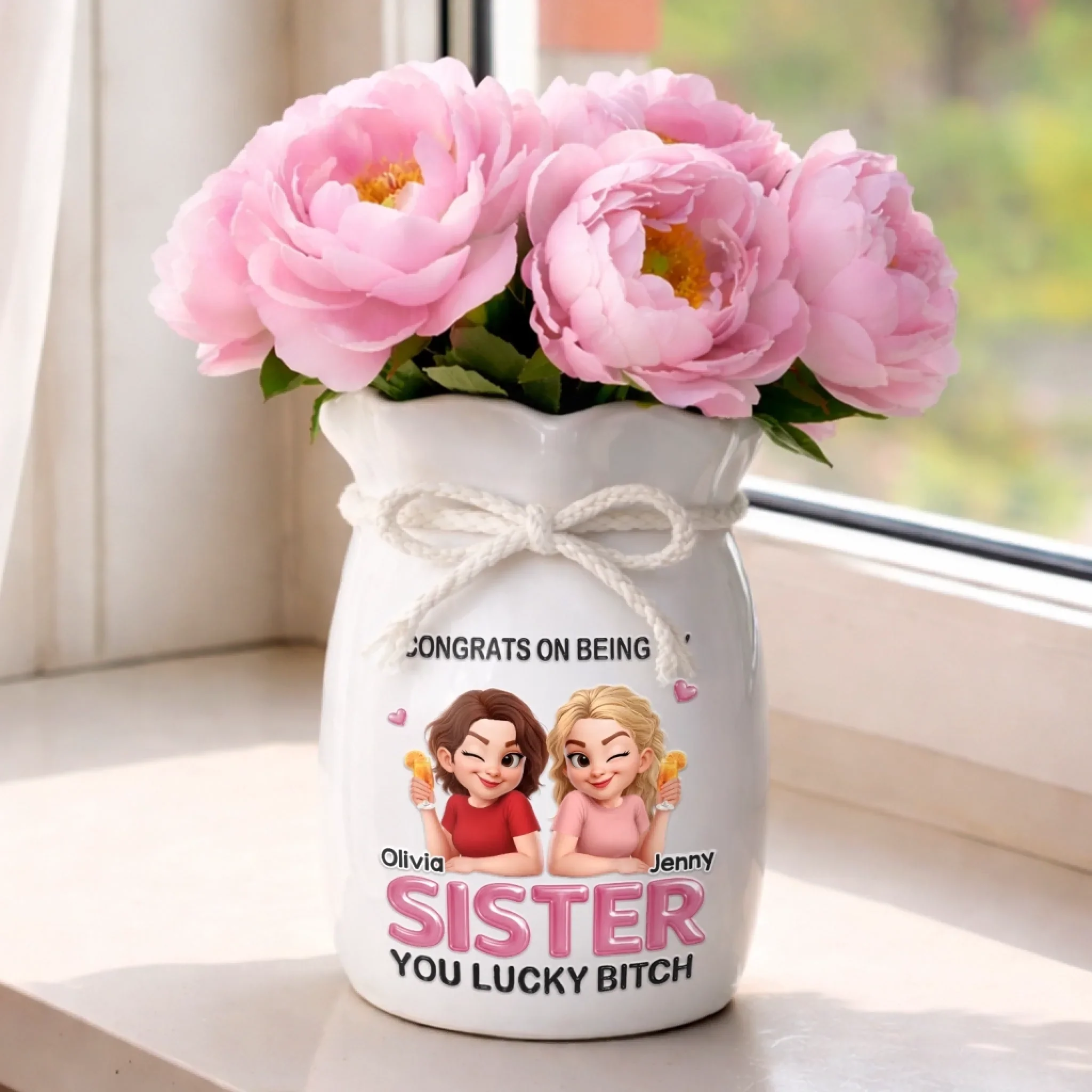 Custom Flower Vase With Ribbon - Personalized Best Friend Birthday Gifts For Women, Besties, Sisters, BFF - She’s Lucky To Have Me - Image 3