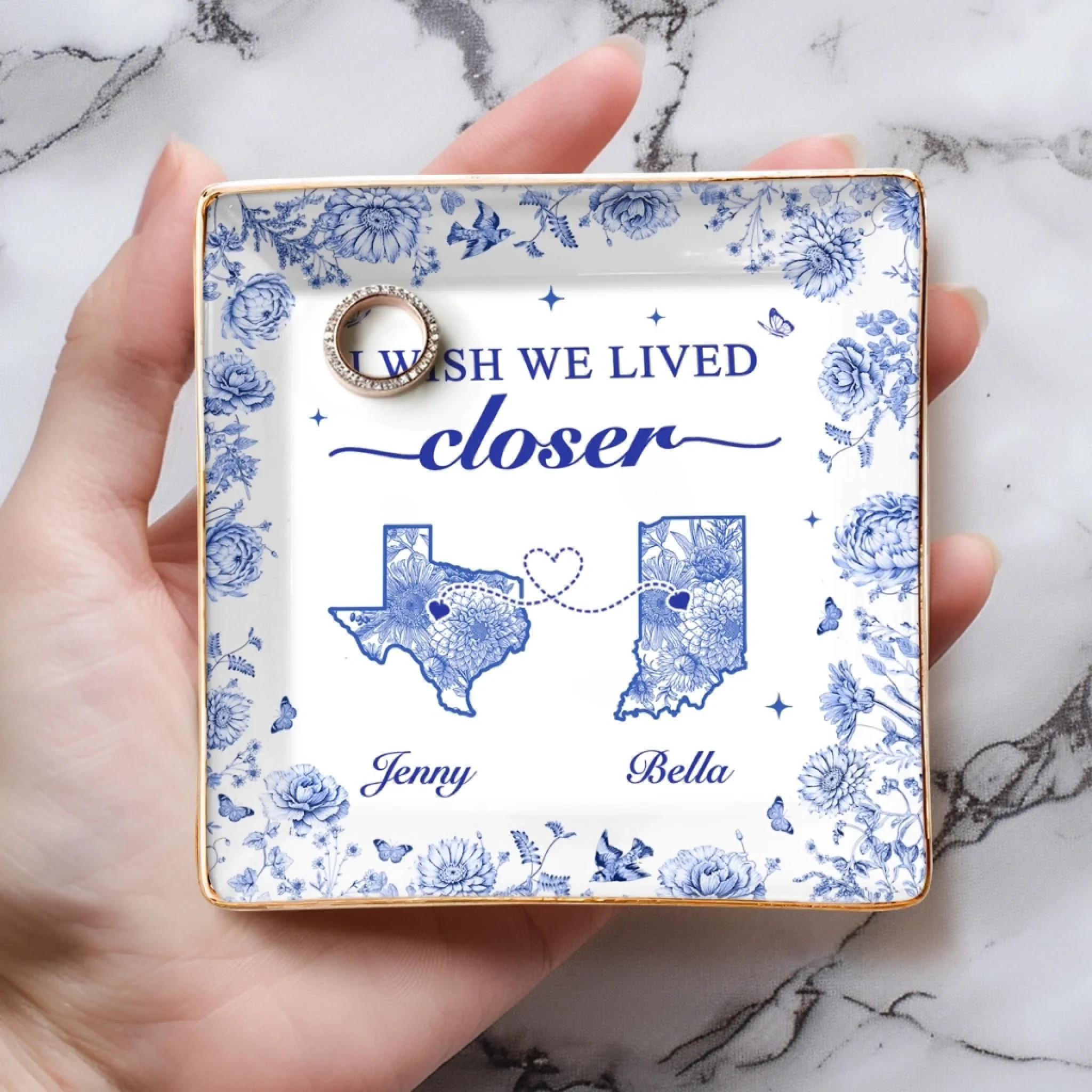 Custom Long Distance Full-Print Jewelry Dish - Personalized Best Friend Birthday Gifts For Women, Besties, Sisters, BFF  - Miles Apart, Hearts Together - Image 4