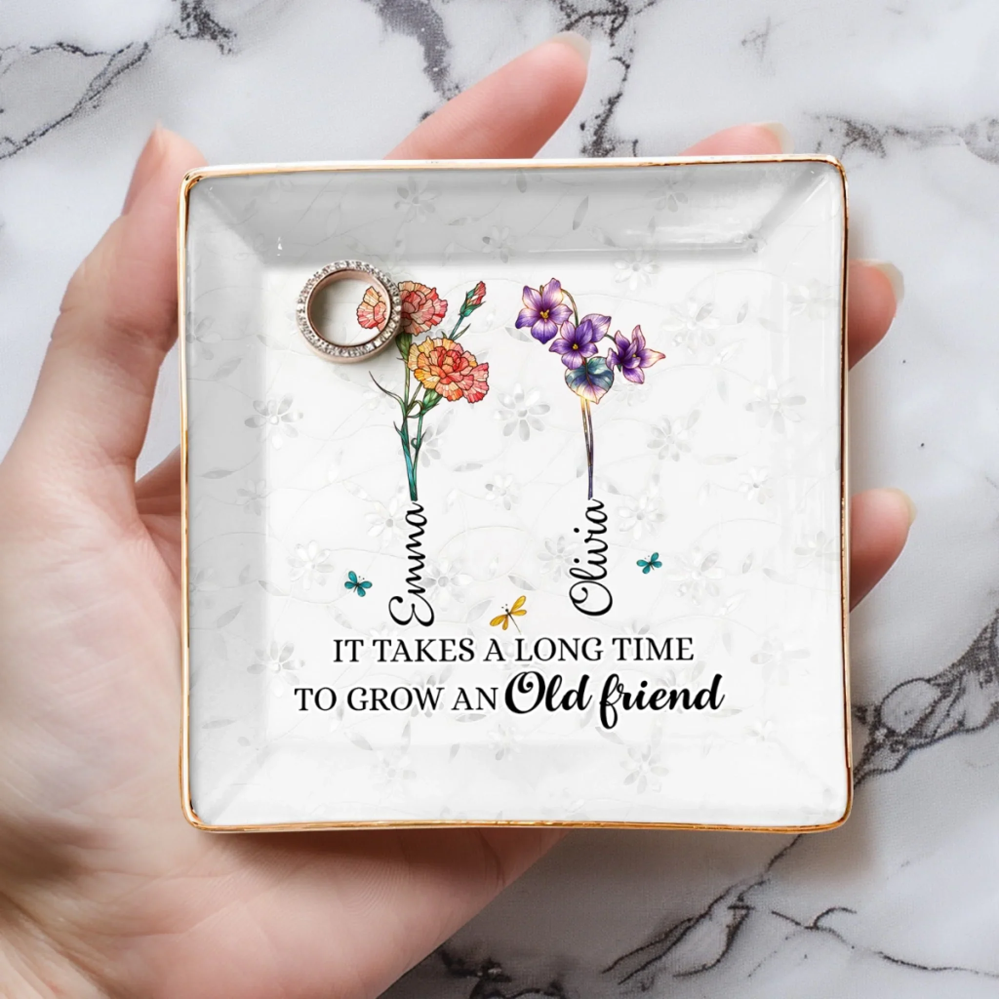 Custom Full-Print Jewelry Dish - Personalized Best Friend Birthday Gifts For Women, Besties, Sisters, BFF  - Old Friends, New Flowers - Image 4