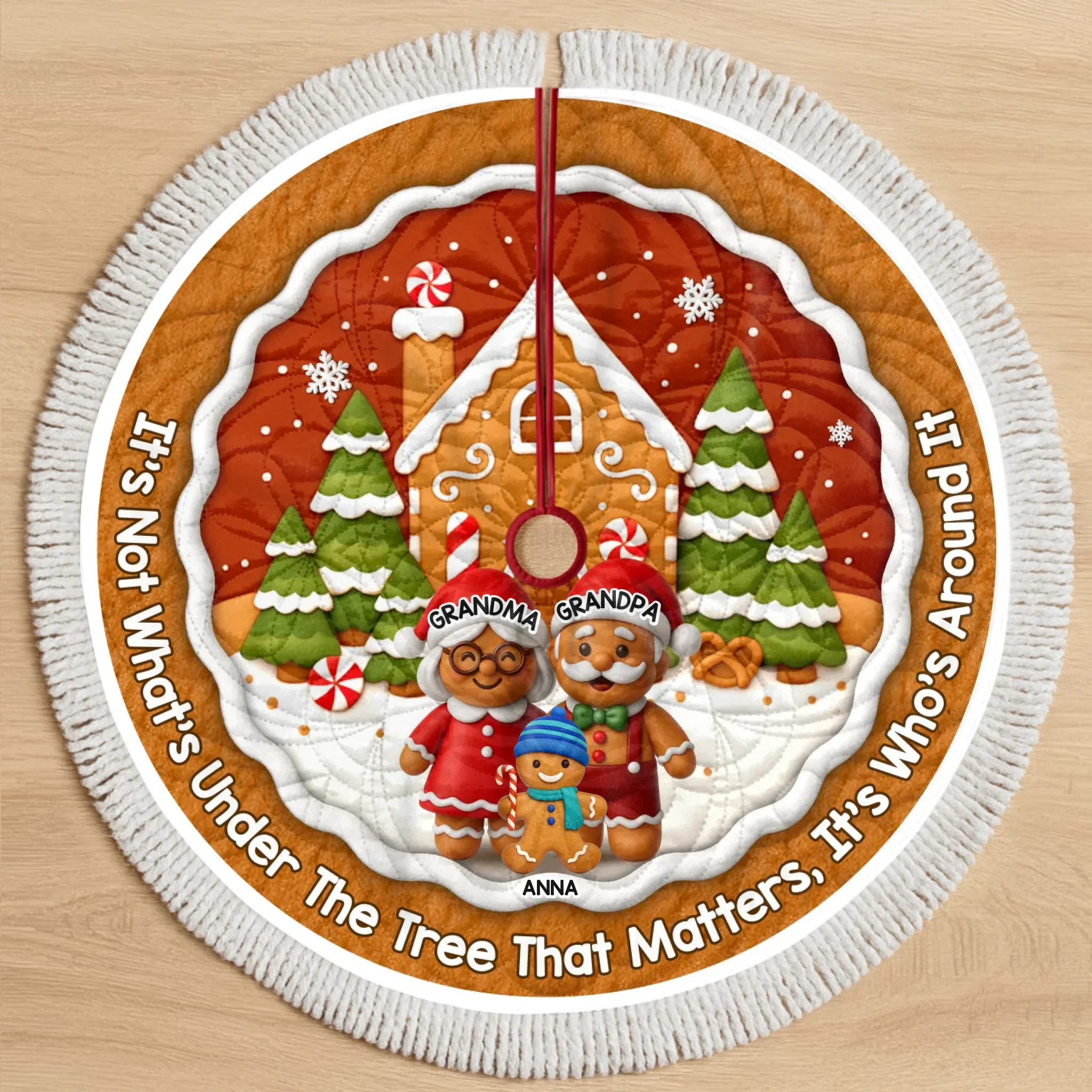 Custom Gingerbread Tree Skirt - Personalized Christmas Birthday Gifts For Grandma, Grandpa, Grandparents - Joy Shines In Every Hug - Image 2
