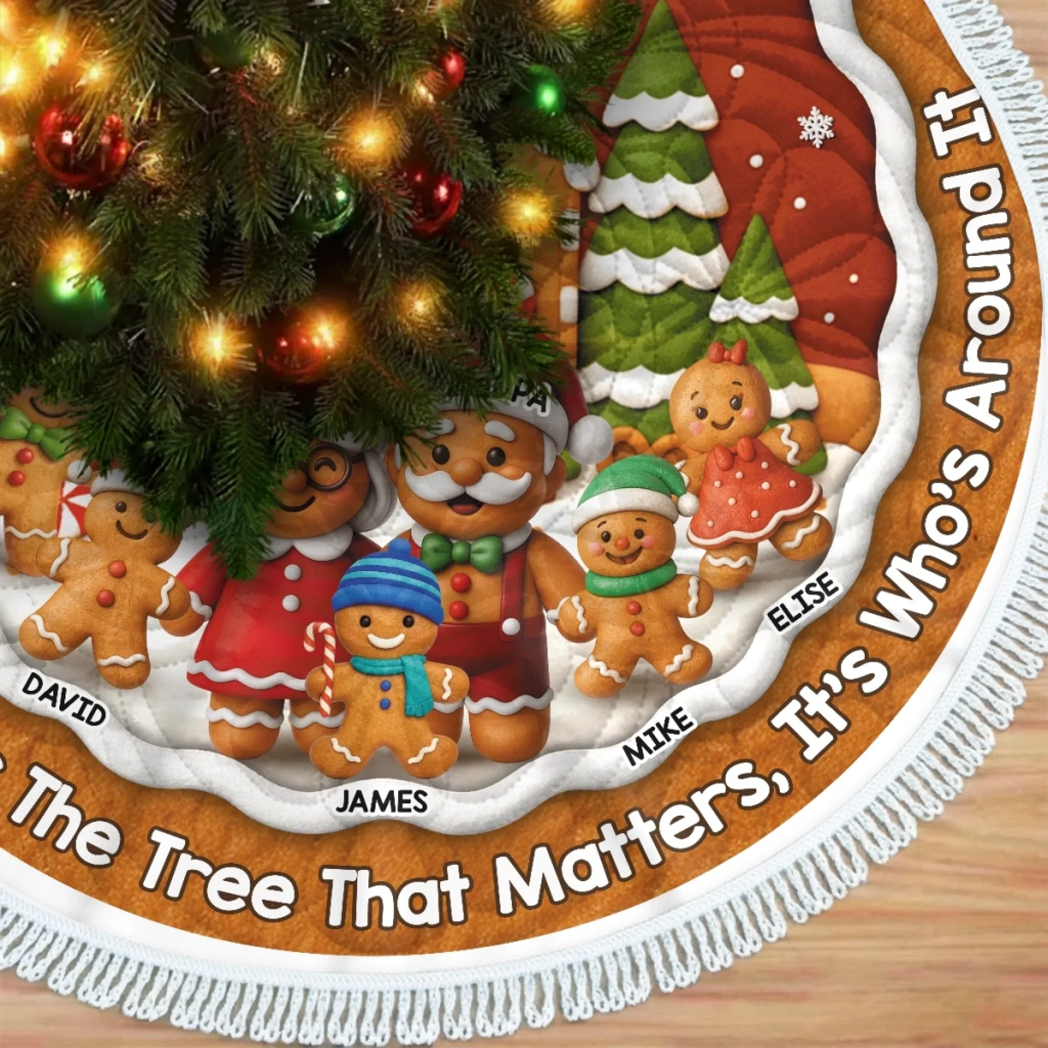 Custom Gingerbread Tree Skirt - Personalized Christmas Birthday Gifts For Grandma, Grandpa, Grandparents - Joy Shines In Every Hug - Image 3