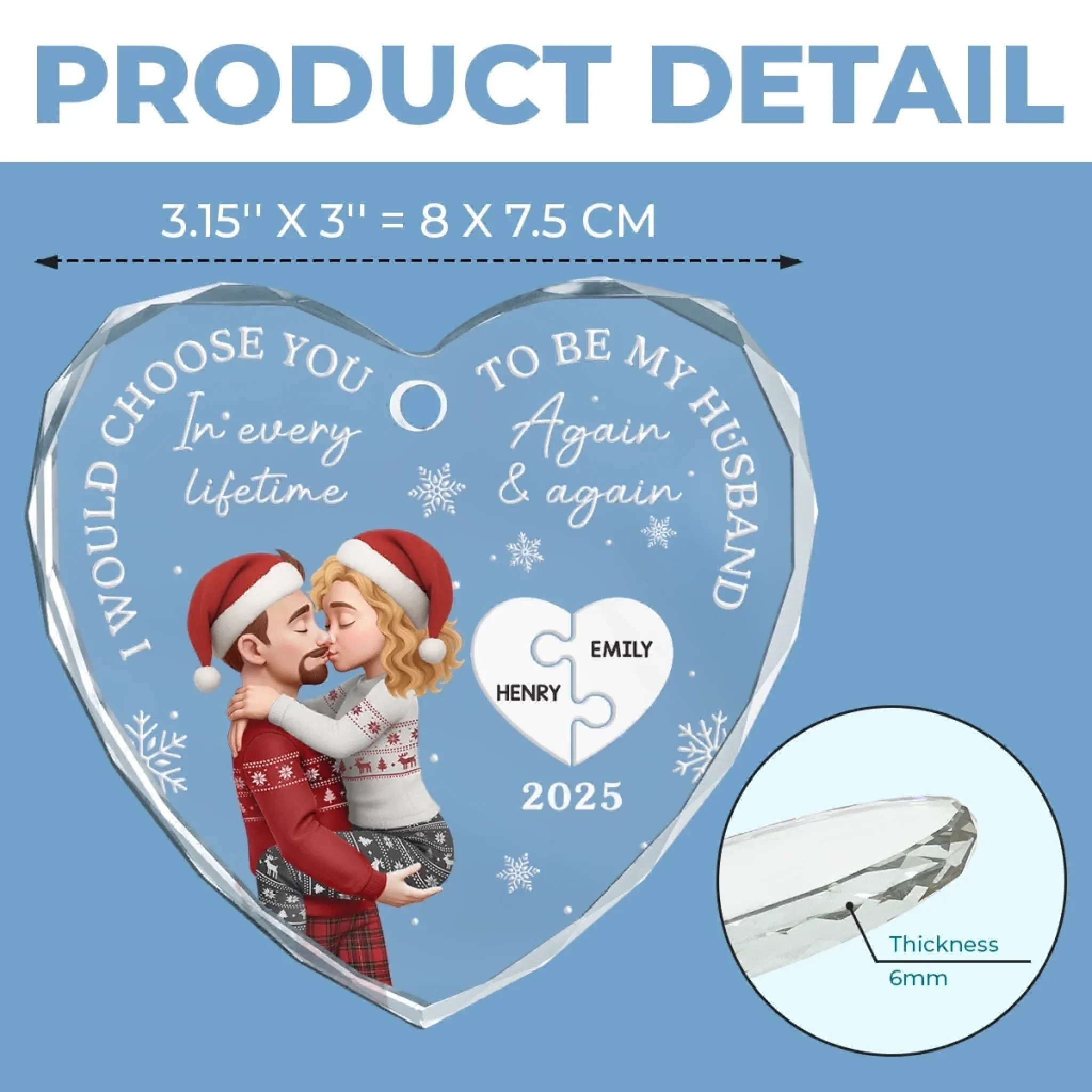 Custom Heart Glass Ornament - Personalized Anniversary Christmas Wedding Gifts For Husband And Wife, Him And Her - Love You More Each Day - Image 5
