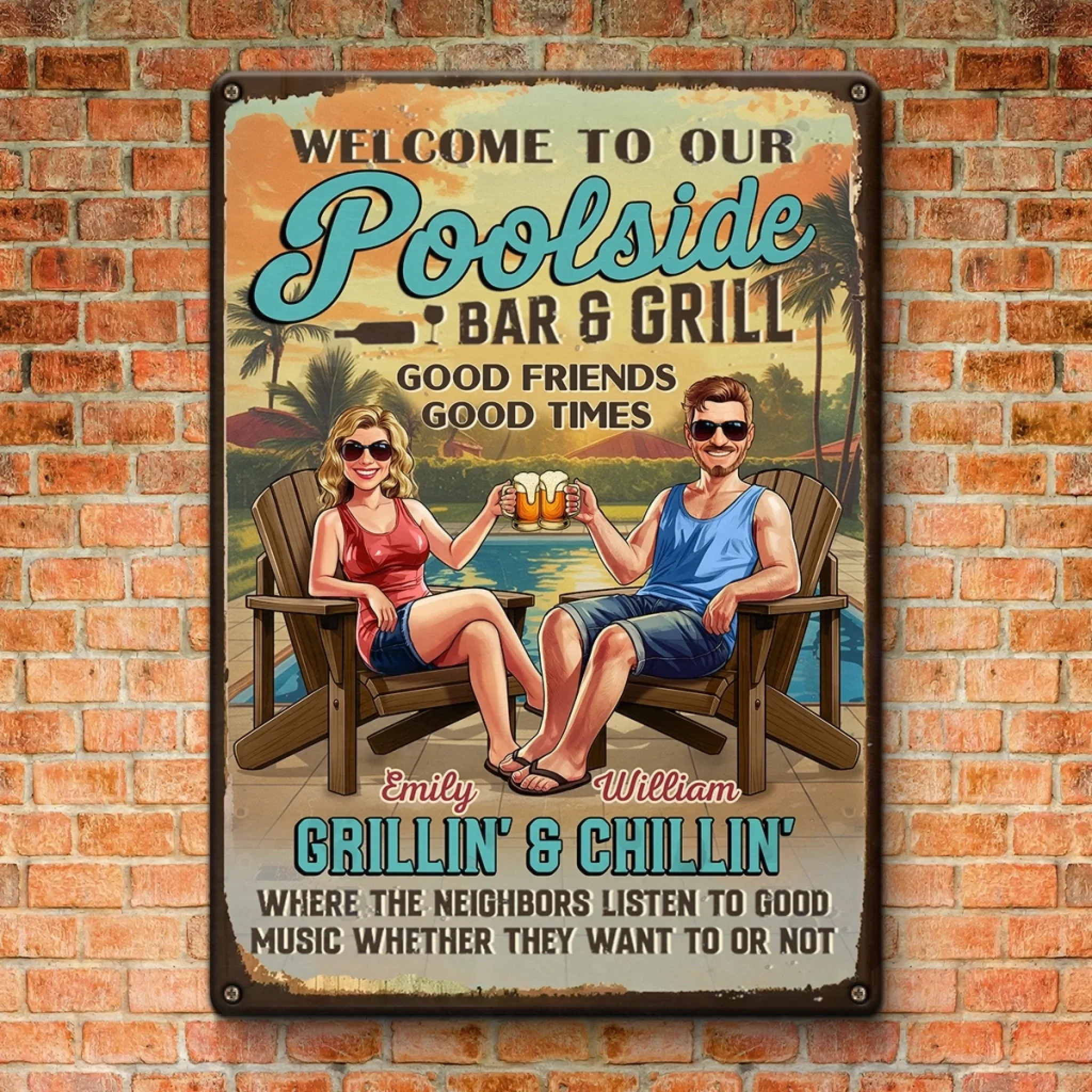 Custom Home Decor Metal Sign - Personalized Anniversary Wedding Gifts For Husband And Wife, Him And Her - Poolside Vibes Only - Image 3