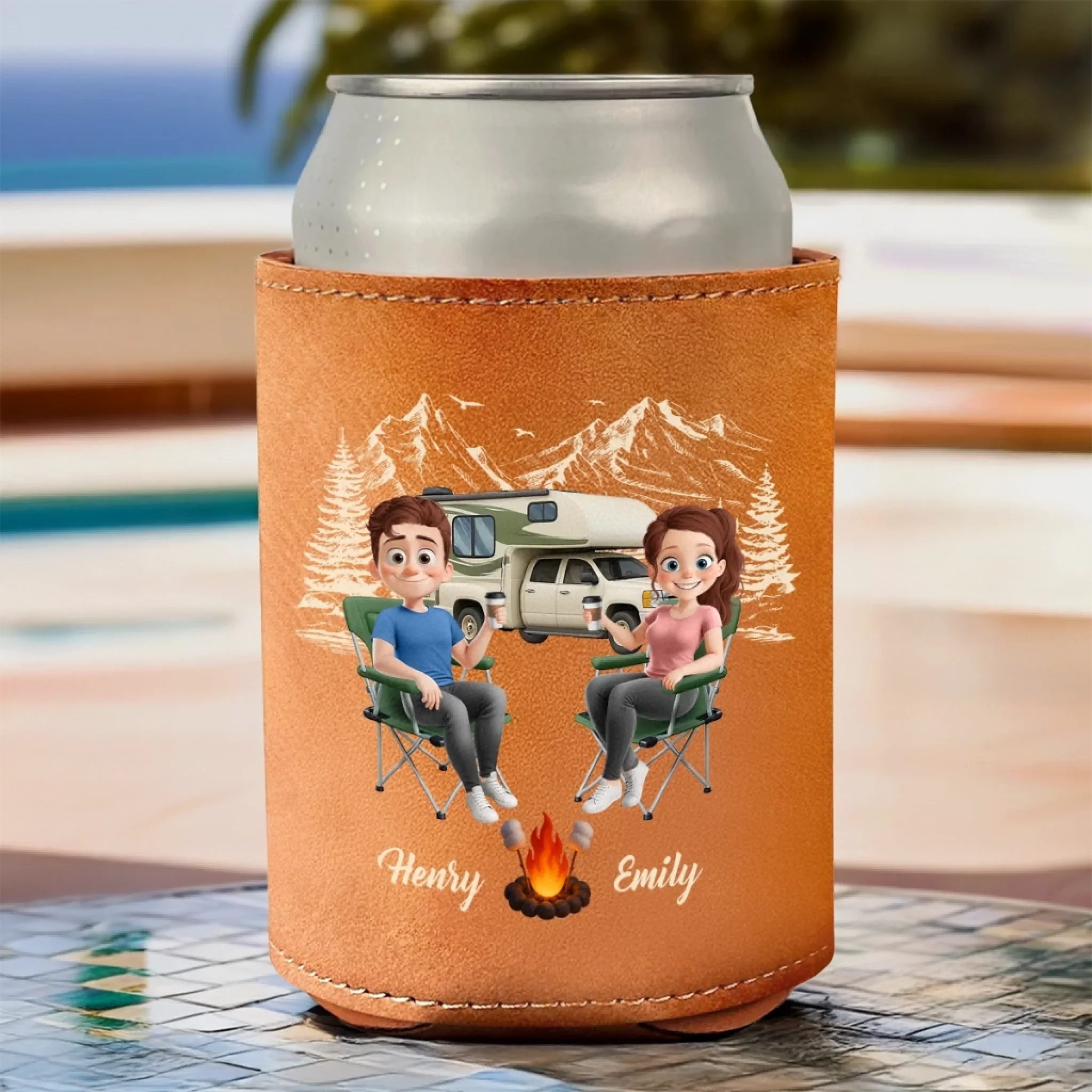 Custom Leather Can Cooler - Personalized Anniversary Wedding Gifts For Campers, Husband And Wife, Him And Her - Lost In The Woods, Found A Beer - Image 3