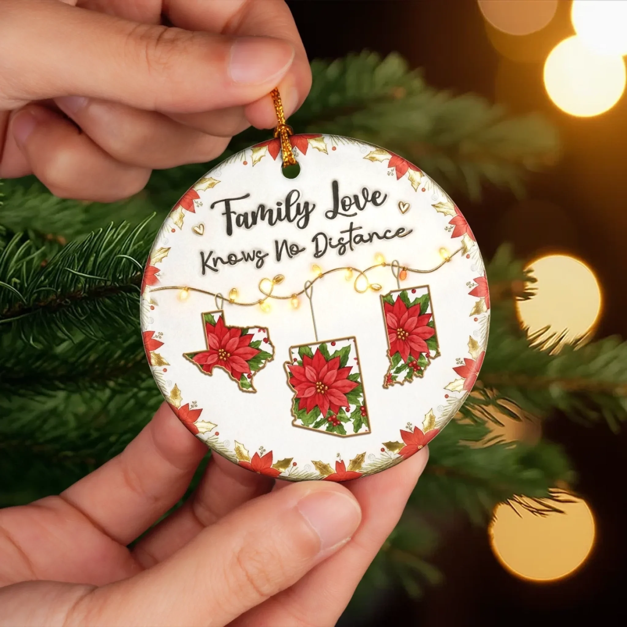 Custom Long Distance Ceramic Ornament - Personalized Christmas Birthday Gifts For Mom, Dad, Brother, Sister, Kids - Poinsettias Bloom Where Hearts Meet - Image 5