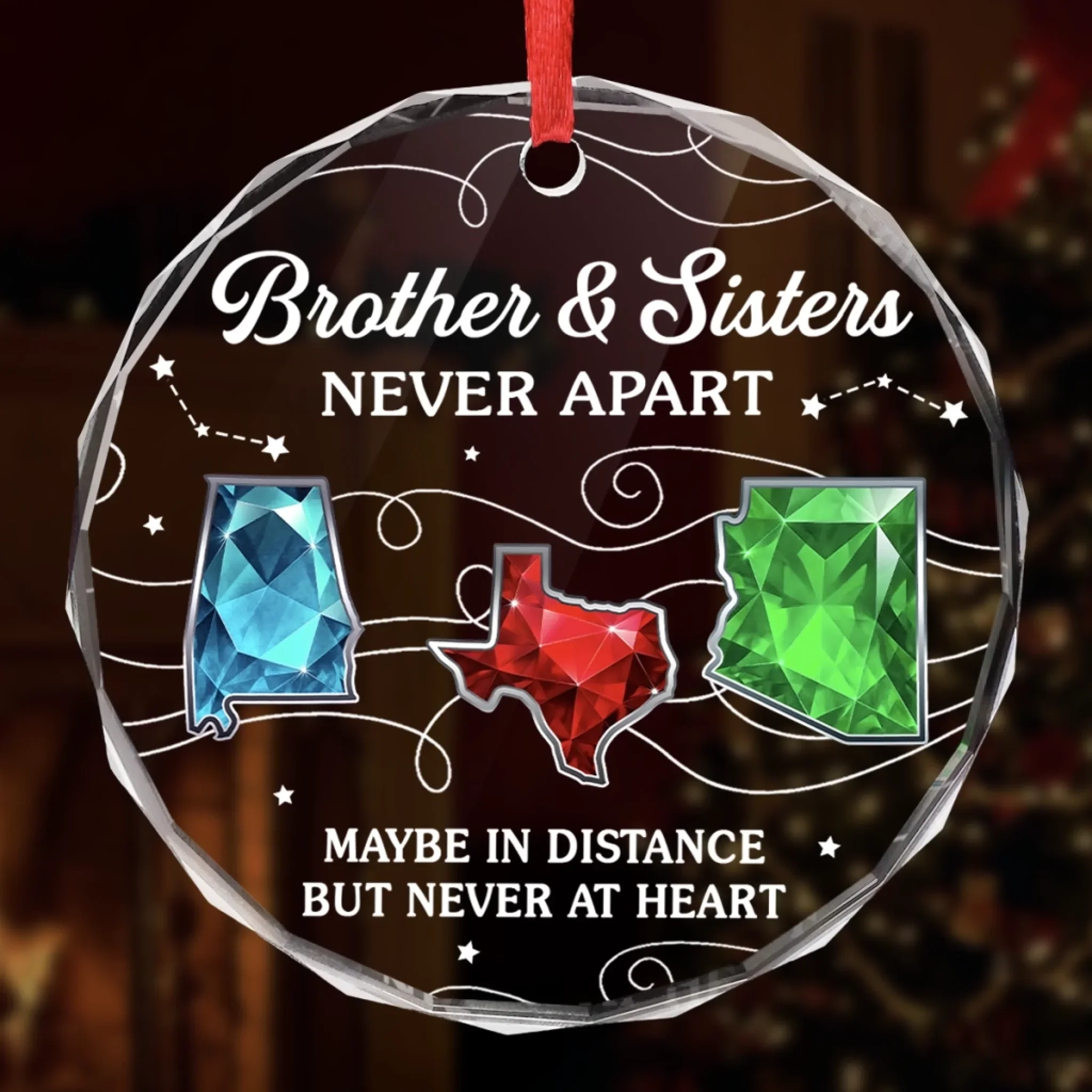 Custom Long Distance Circle Glass Ornament - Personalized Christmas Birthday Gifts For Brother, Sister - Miles Apart Hearts Aligned - Image 4