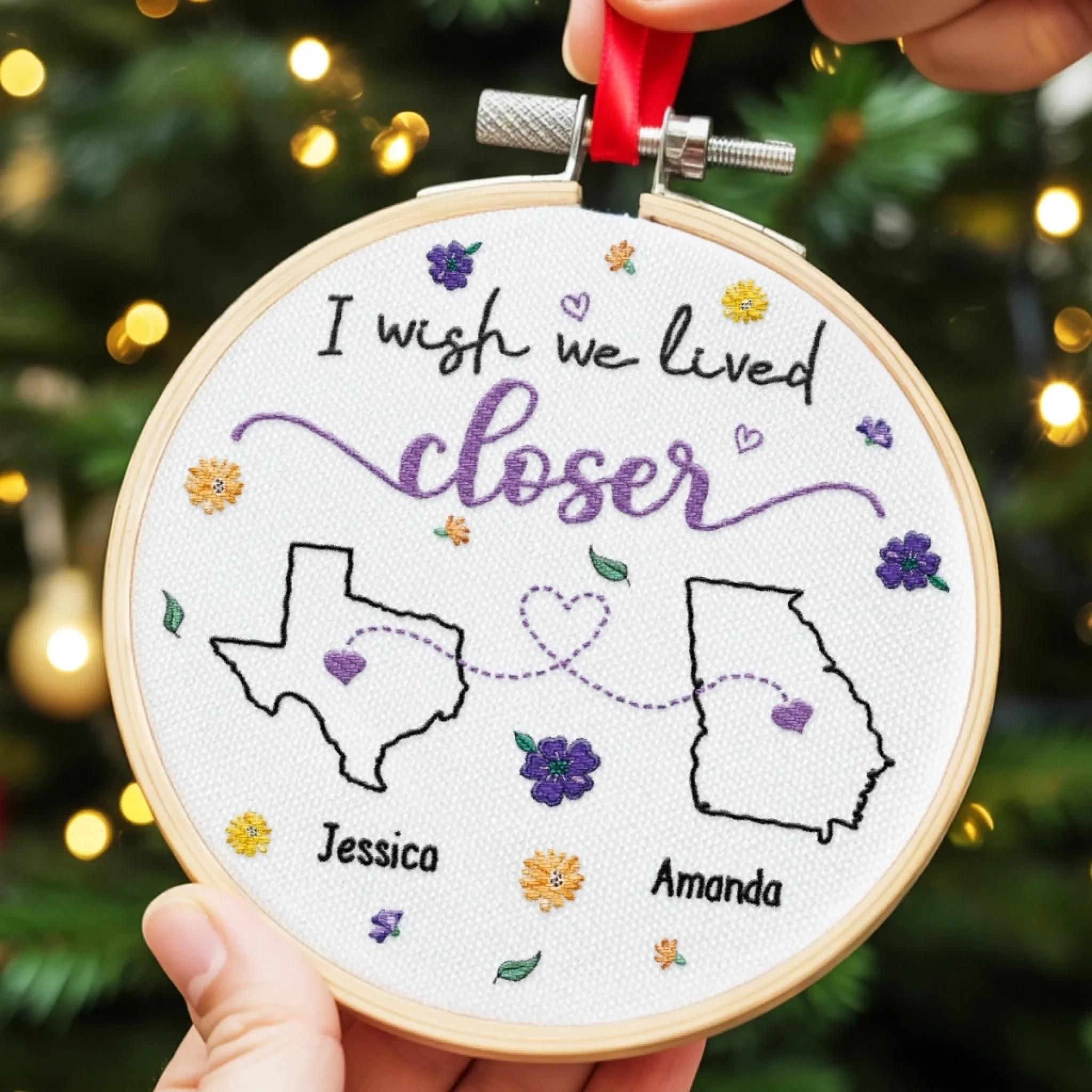 Custom Long Distance Embroidered Ornament - Personalized Best Friend Christmas Birthday Gifts For Women, Besties, Sisters, BFF - Hearts Connected Across The Miles - Image 3