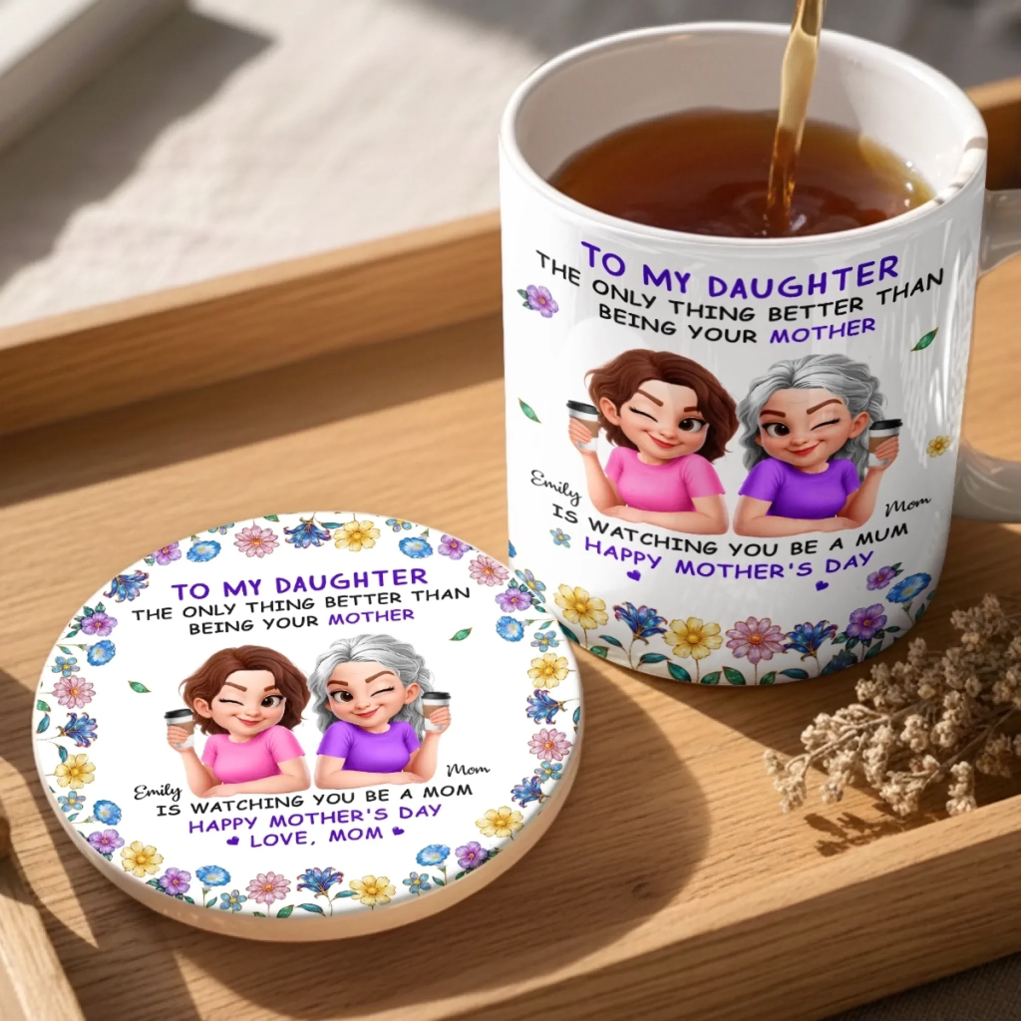Custom Mug And Coaster Set - Personalized Mother's Day Birthday Gifts For Daughter - Like Mother, Like Daughter - Image 3
