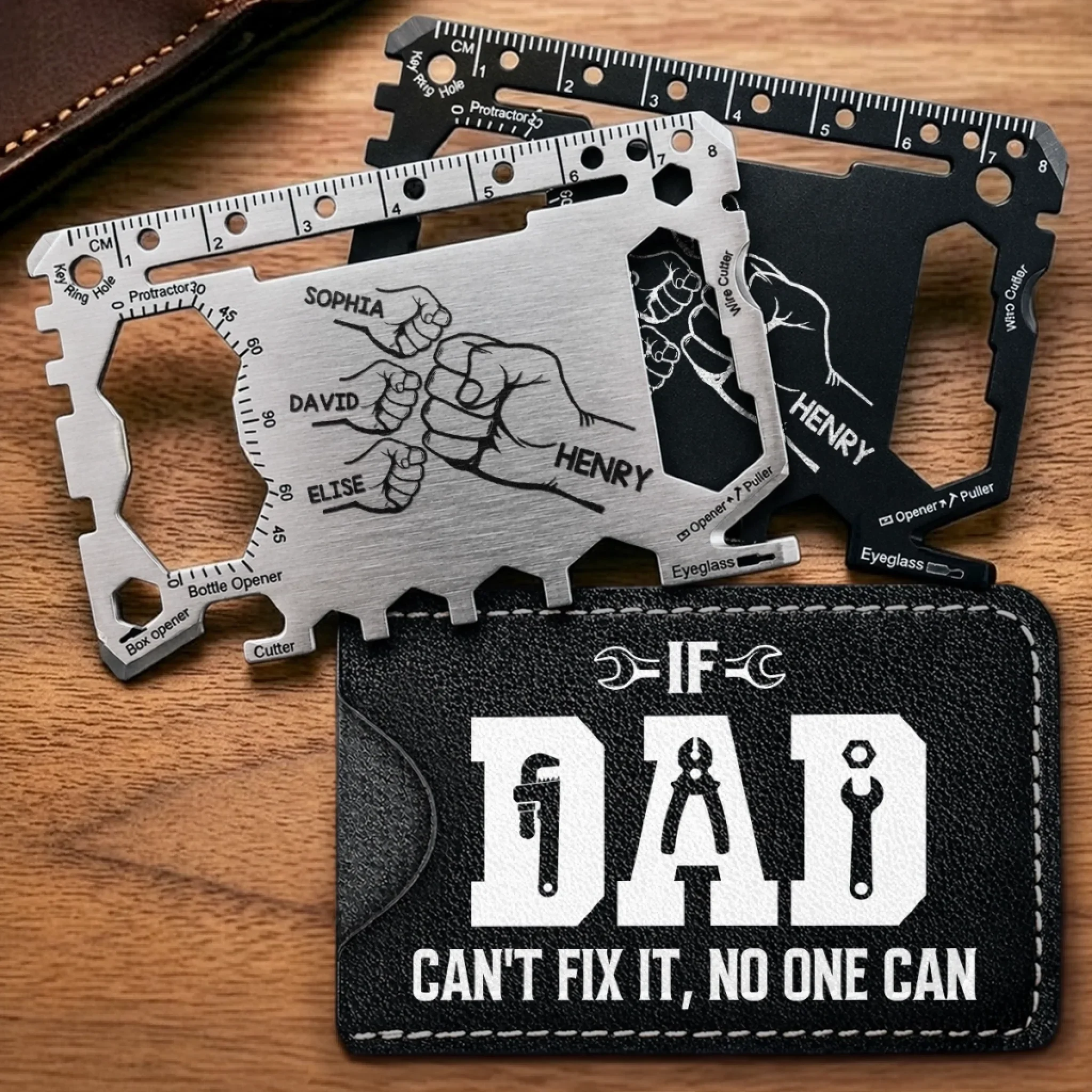 Custom Multi Tool Card With Leather Case - Personalized Father's Day Birthday Gifts For Dad, Grandpa - Fixing Everything Like Dad