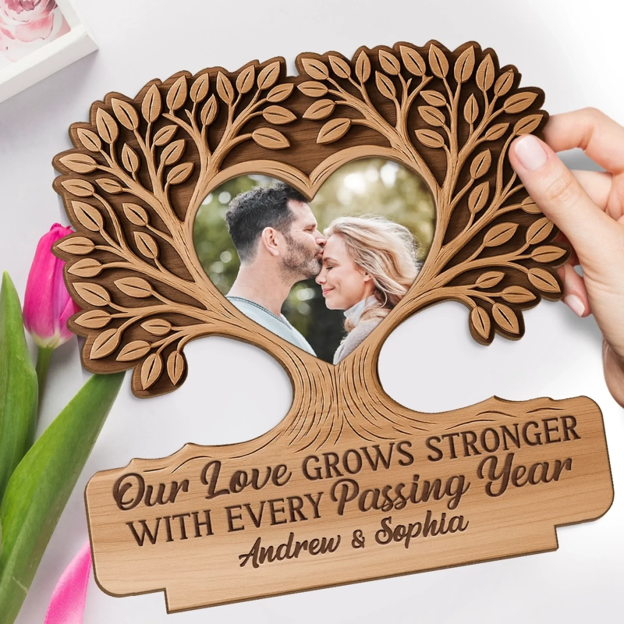 Custom Photo 2-Layered Wooden Plaque - Personalized Anniversary Wedding Gifts For Husband And Wife, Him And Her - Our Love Grows Deeper And Stronger - Image 4