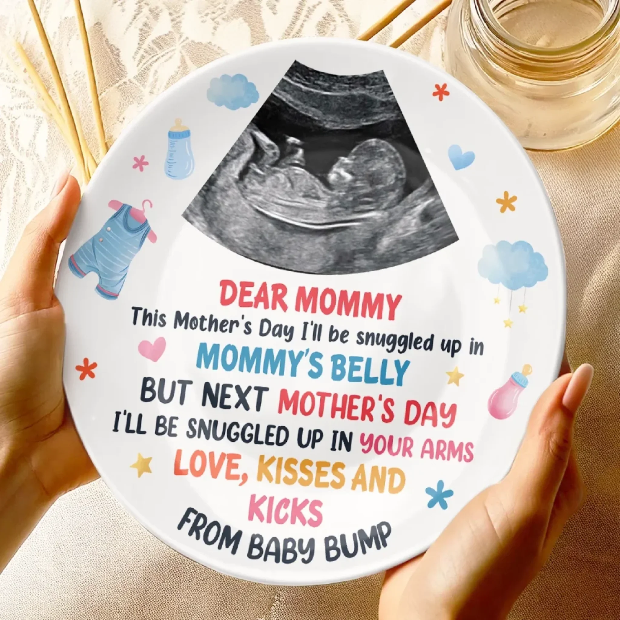 Custom Photo A Tiny Gift, A Huge Joy - Family Personalized Custom Ceramic Plate - Mother's Day, Baby Shower Gift, Gift For First Mom - Image 4