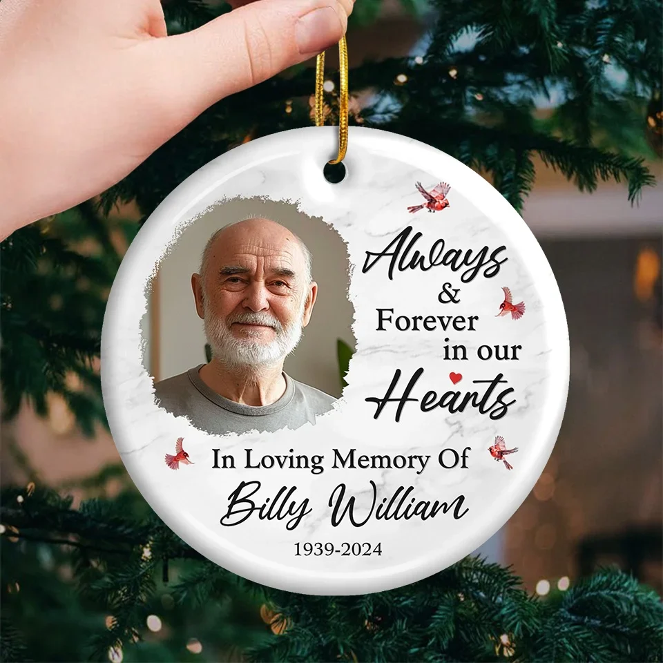 Custom Photo Always And Forever In My Heart - Memorial Personalized Custom Ornament - Ceramic Round Shaped - Sympathy Gift, Christmas Gift For Family Members - Image 3
