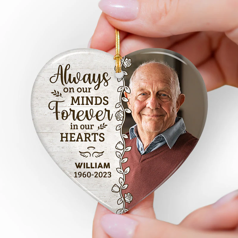 Custom Photo Always On Our Minds Forever In Our Hearts - Memorial Personalized Custom Ornament - Ceramic Heart Shaped - Christmas Gift, Sympathy Gift For Family Members - Image 2