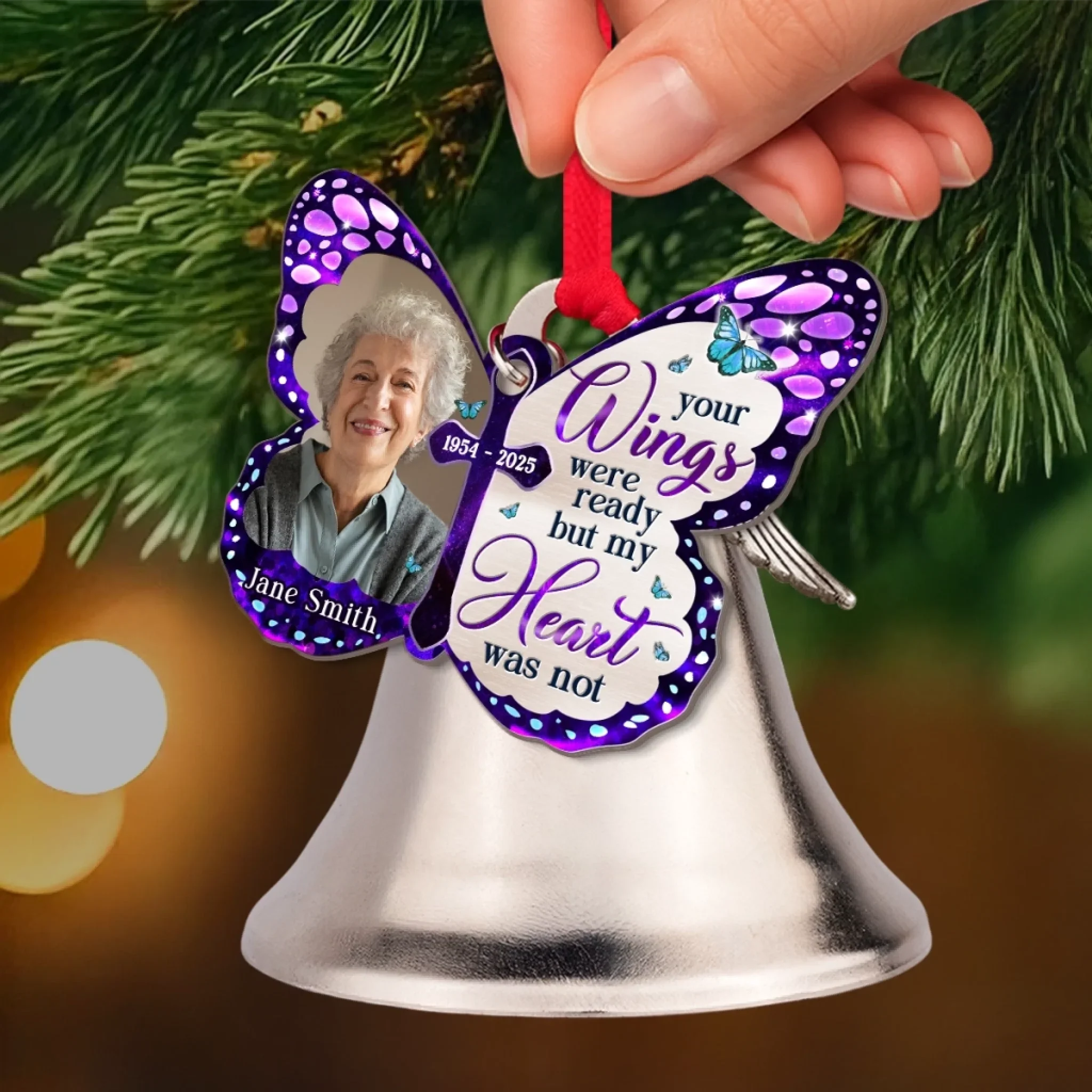 Custom Photo Bell Ornament With Charms - Personalized Memorial Sympathy Gifts For Loss Of Mom, Dad - Your Wings Were Ready But My Heart Was Not - Image 4