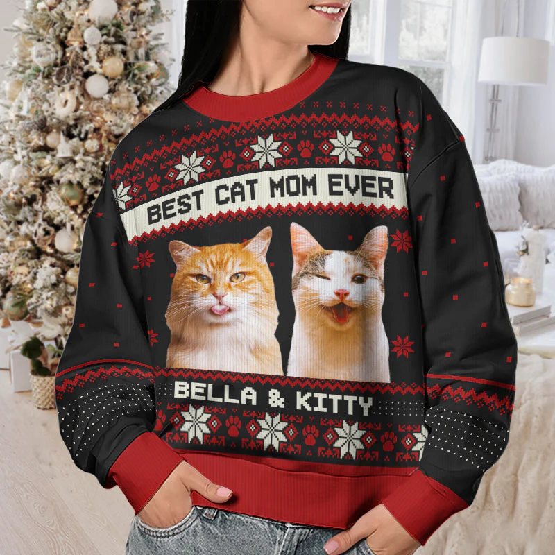 Custom Photo Born To Be A Cat Dad - Cat Personalized Custom Ugly Sweatshirt - Unisex Wool Jumper - Christmas Gift For Pet Owners, Pet Lovers - Image 3