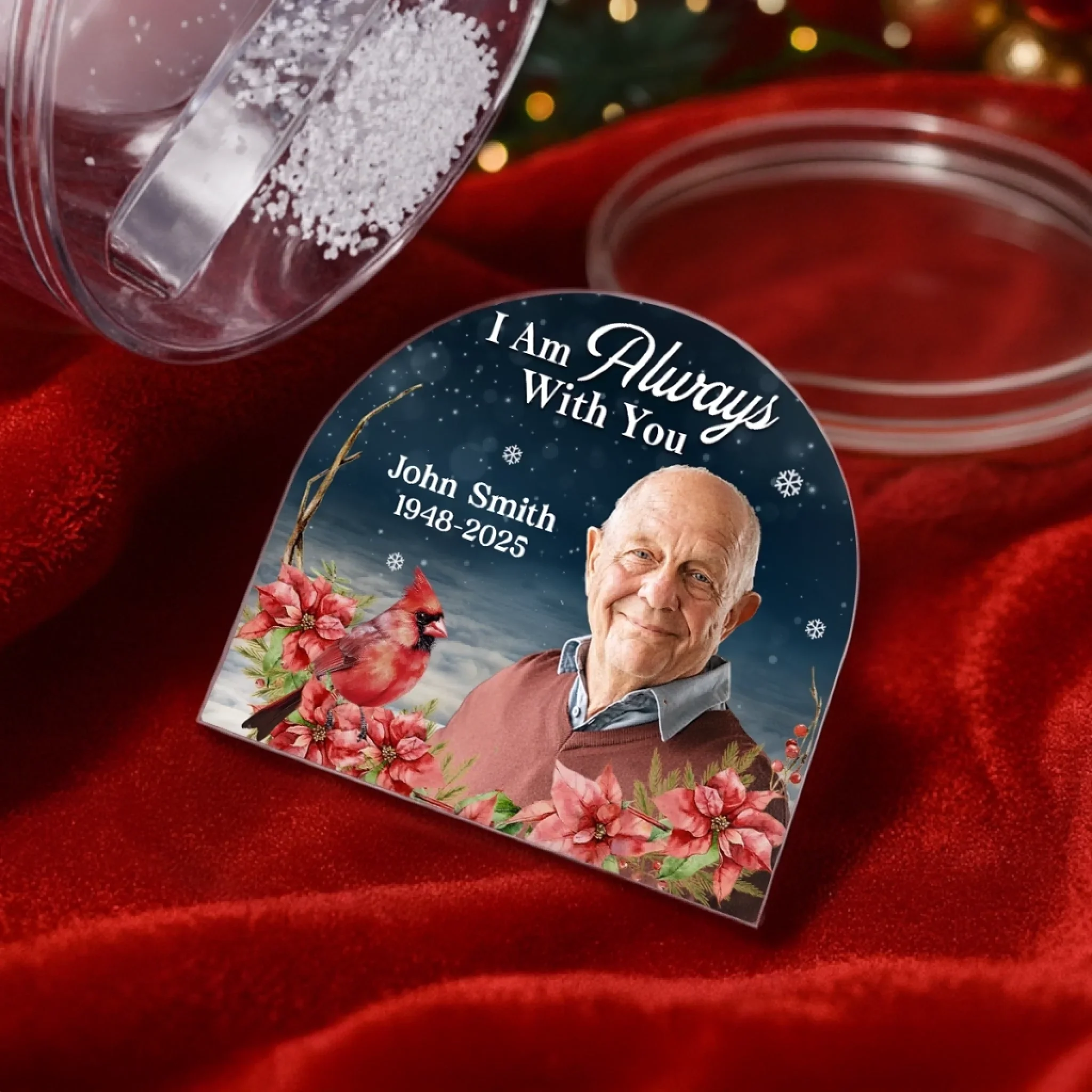 Custom Photo Cardinal Acrylic Snow Globe - Personalized Christmas Memorial Sympathy Gifts For Loss Of Mom, Dad - Always Near Though Worlds Apart - Image 4