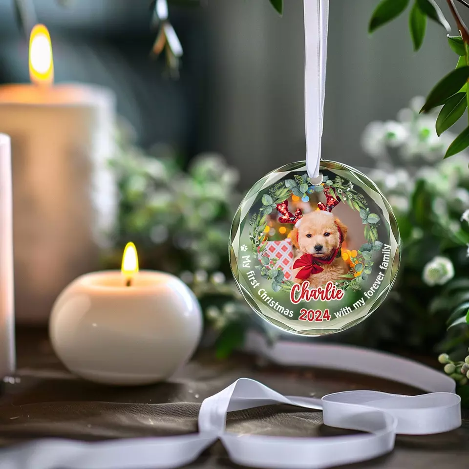 Custom Photo Celebrate Christmas With Furry Friends - Dog & Cat Personalized Custom Circle Glass Ornament - Christmas Gift For Pet Owners, Pet Lovers, First Christmas - Image 3