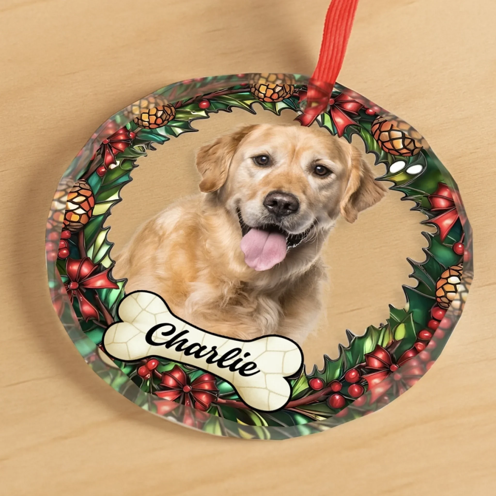 Custom Photo Circle Glass Ornament - Personalized Pet Christmas Memorial Sympathy Gifts For Dogs, Cats - Love Never Leaves - Image 3