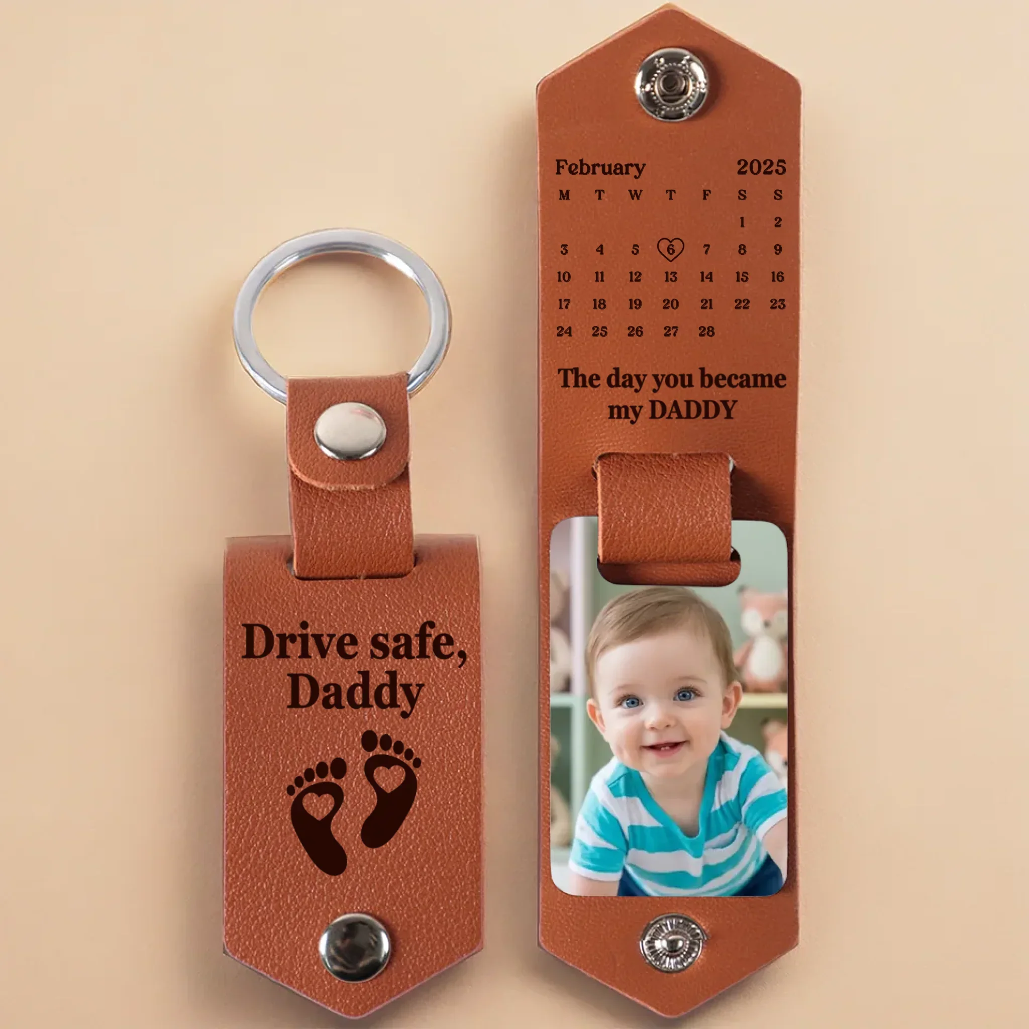 Custom Photo Engraved Leather Keychain - Personalized Baby Shower, Gender Reveal Gifts For New Moms, New Parents - Tiny Blessing Big Joy - Image 2
