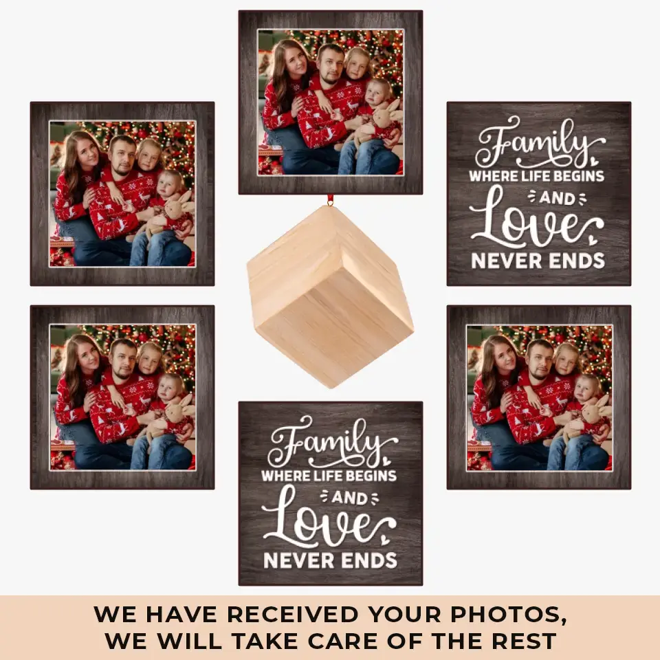 Custom Photo Family Where Life Begins & Love Never Ends - Family Personalized Custom Wooden Cube Ornament - Christmas Gift For Family Members - Image 2