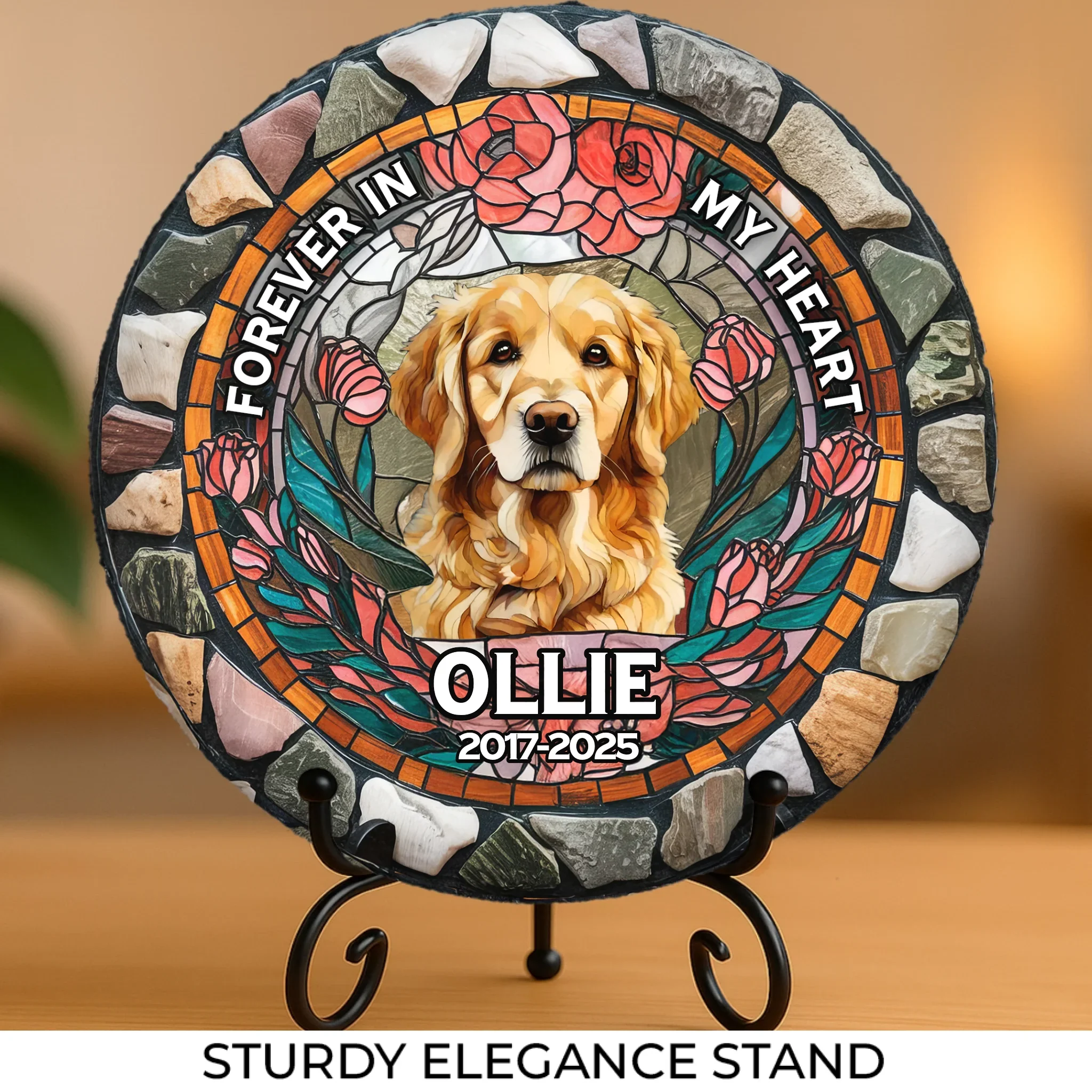 Custom Photo Forever In My Heart - Memorial Personalized Custom 3D Mosaic Faux Stained Glass Print Round Shaped Memorial Stone - Sympathy Gift For Pet Owners, Pet Lovers - Image 3