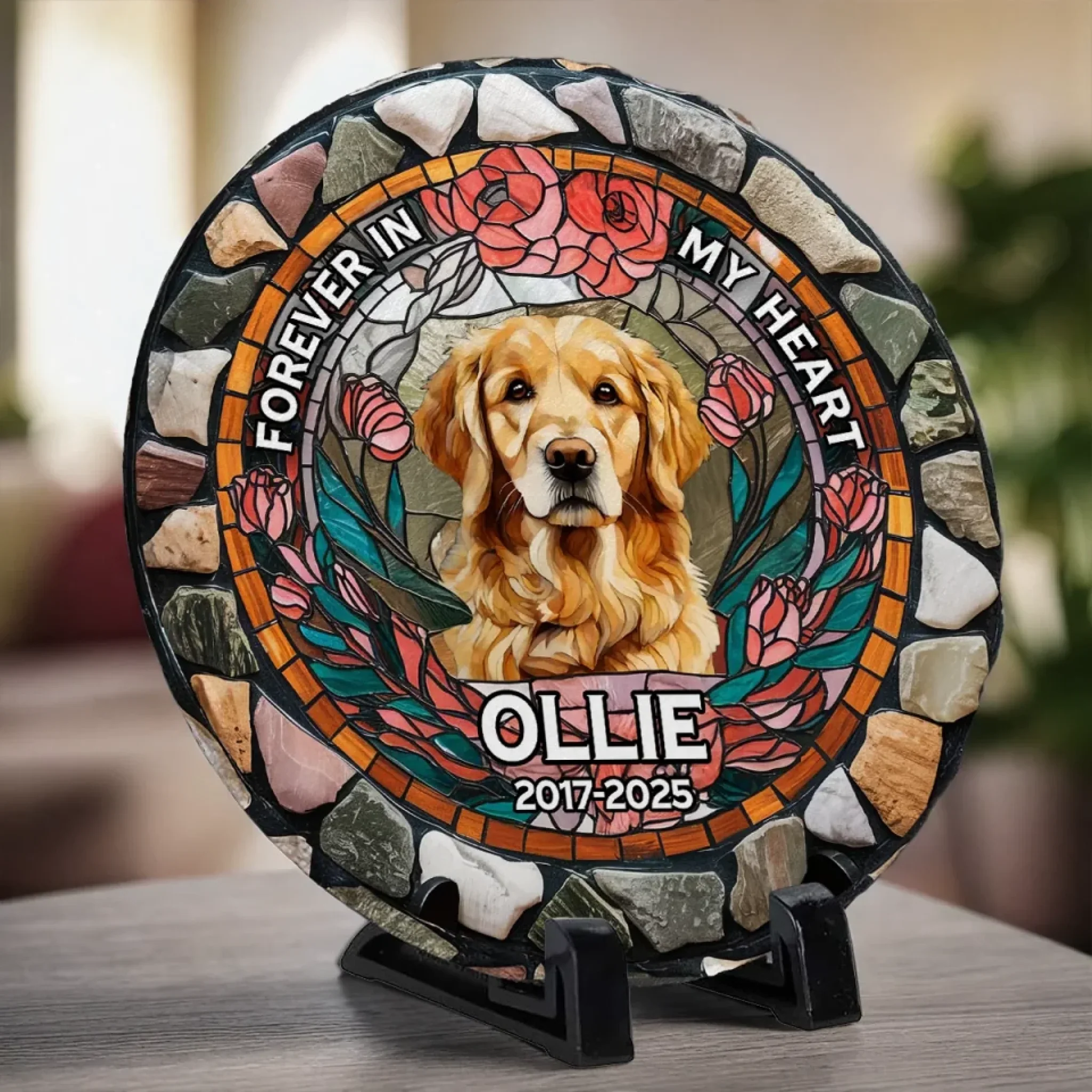 Custom Photo Forever In My Heart - Memorial Personalized Custom 3D Mosaic Faux Stained Glass Print Round Shaped Memorial Stone - Sympathy Gift For Pet Owners, Pet Lovers - Image 4