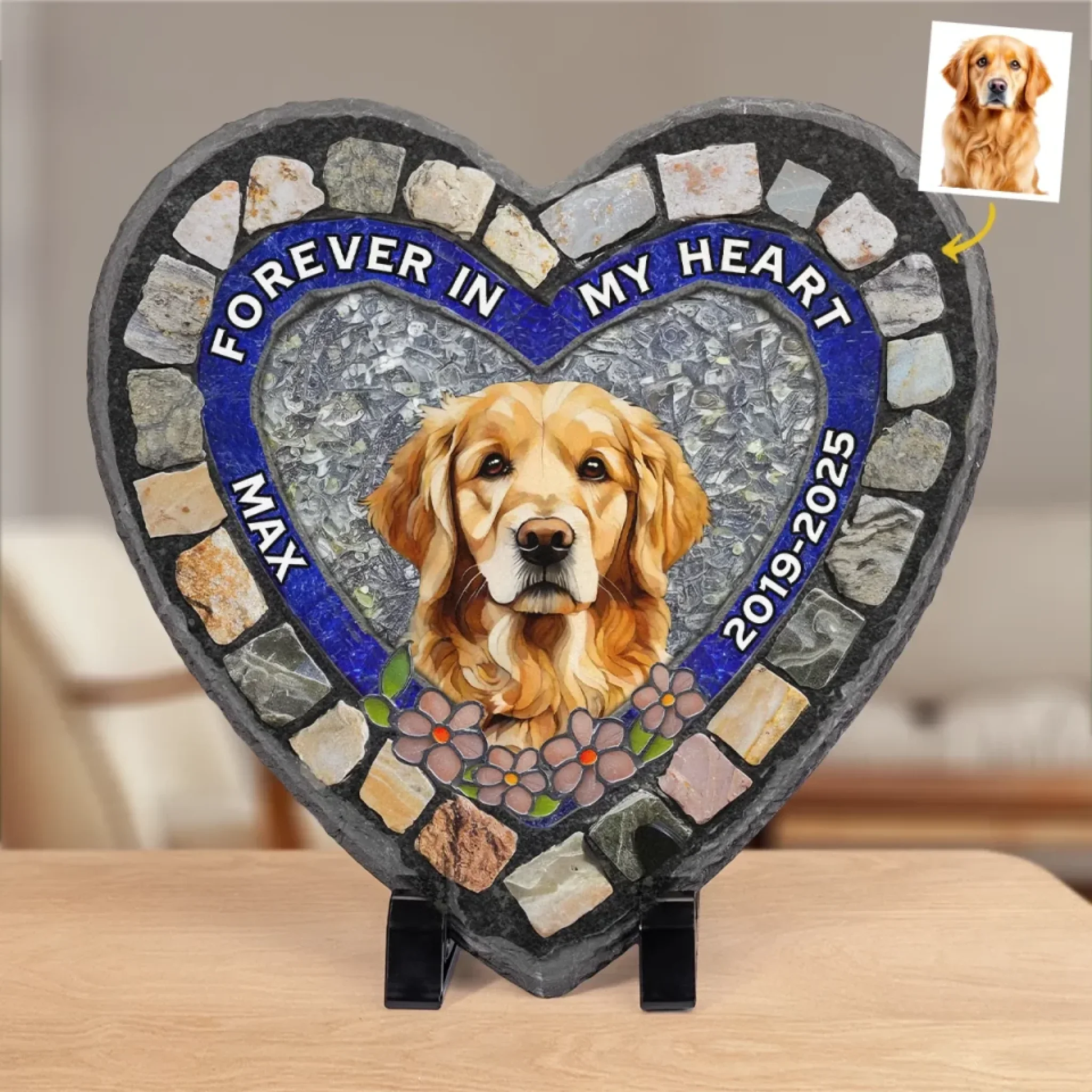 Custom Photo Forever My Furry Angel - Memorial Personalized Custom 3D Mosaic Faux Stained Glass Print Heart Shaped Stone With Stand - Sympathy Gift For Pet Owners, Pet Lovers